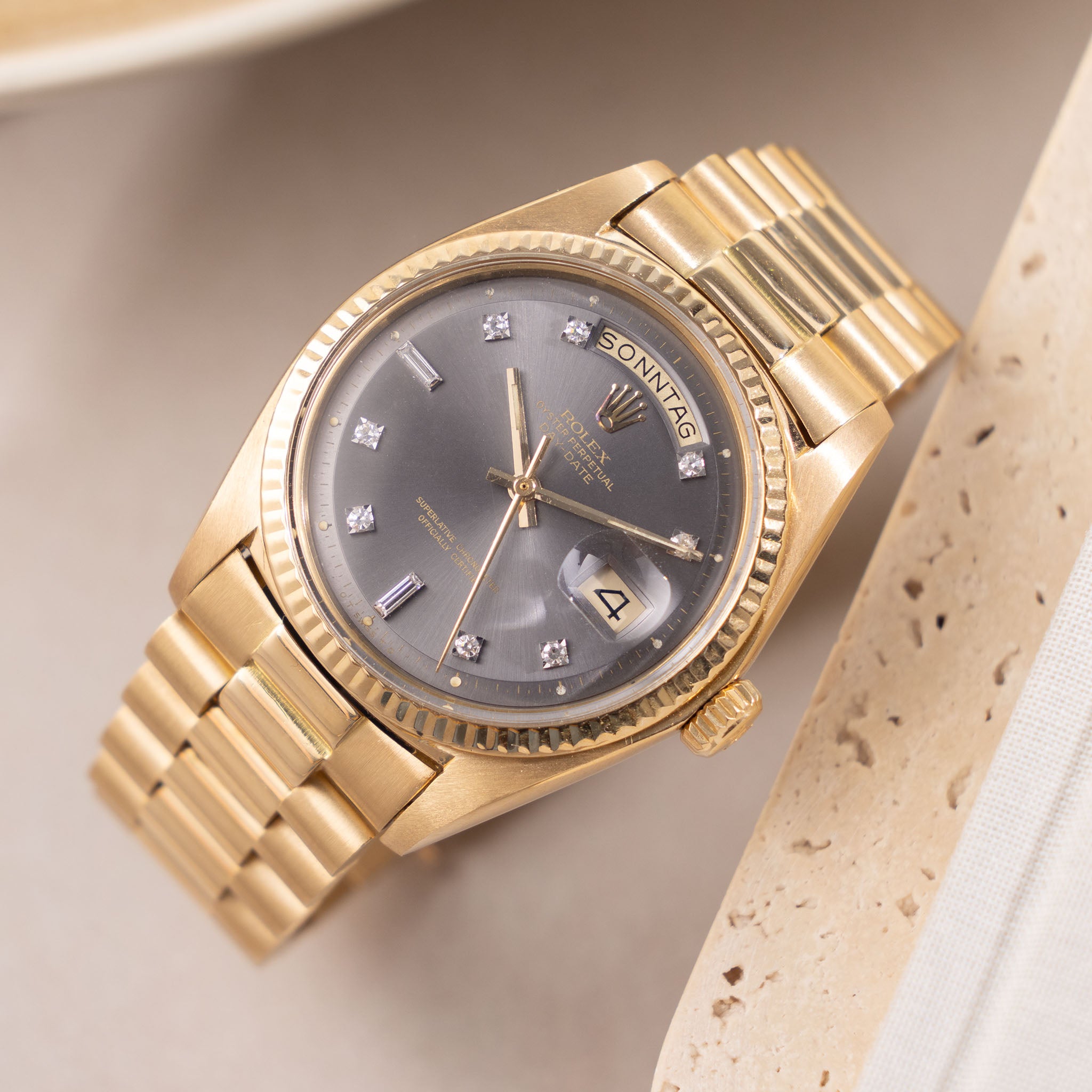 Rolex Day-Date Rare Grey Soleil Diamond Dial in 18k Yellow Gold Ref. 1803