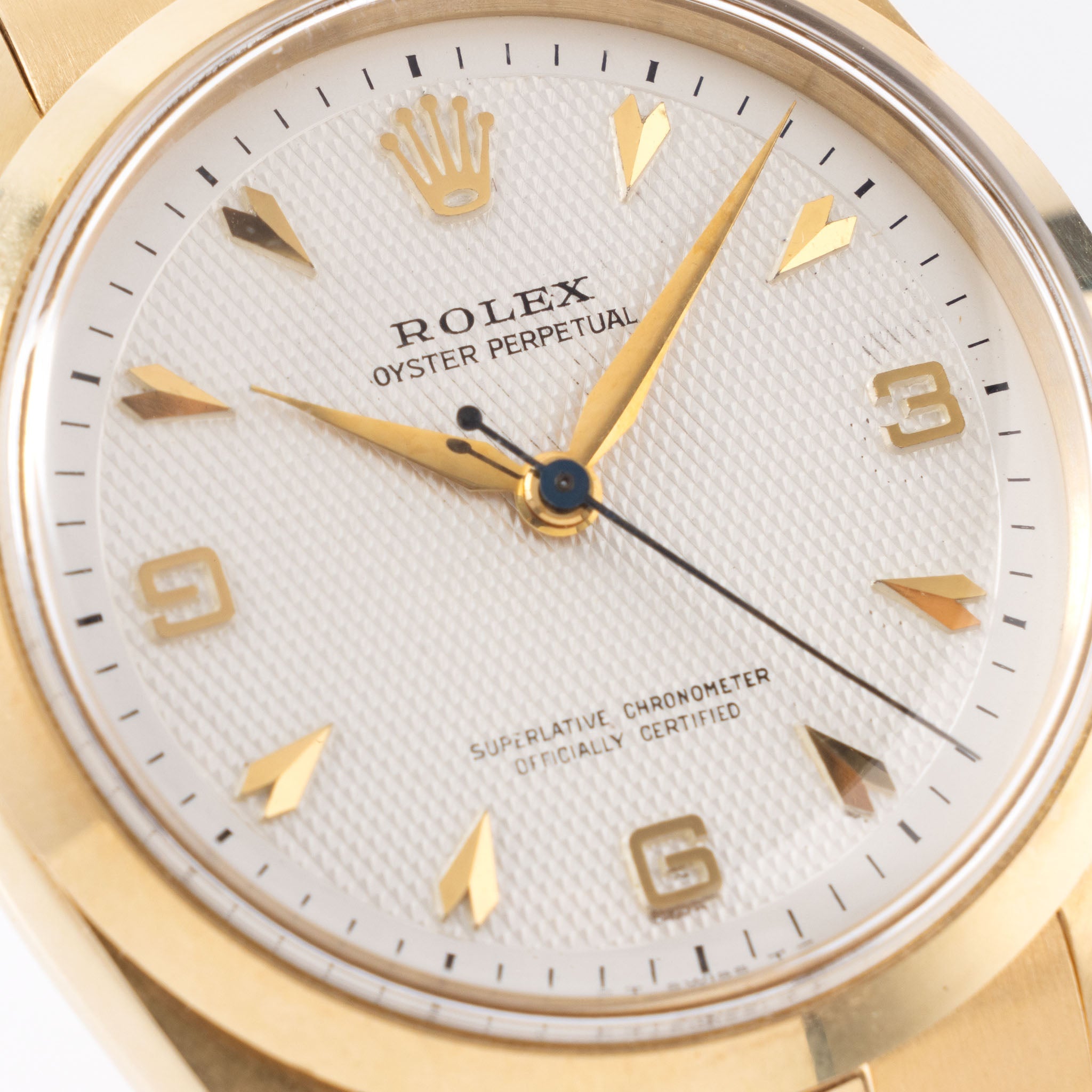 Rolex Oyster Perpetual Silver Waffle Dial Ref. 5500 in 14k Yellow Gold