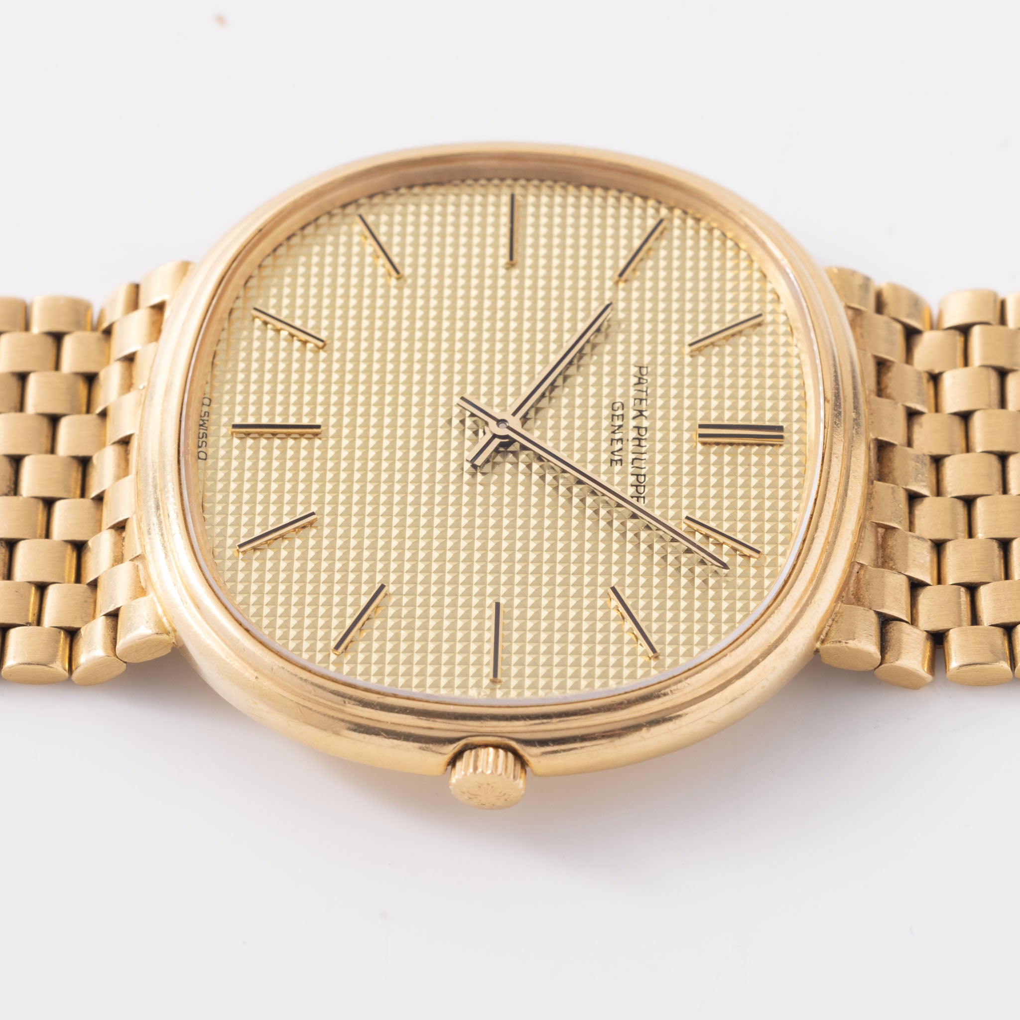 Patek Ellipse Golden Ellipse Hobnail Dial "Jumbo TV case" in 18K Yellow Gold and Rare Integrated Brick Bracelet Ref. 3739/2