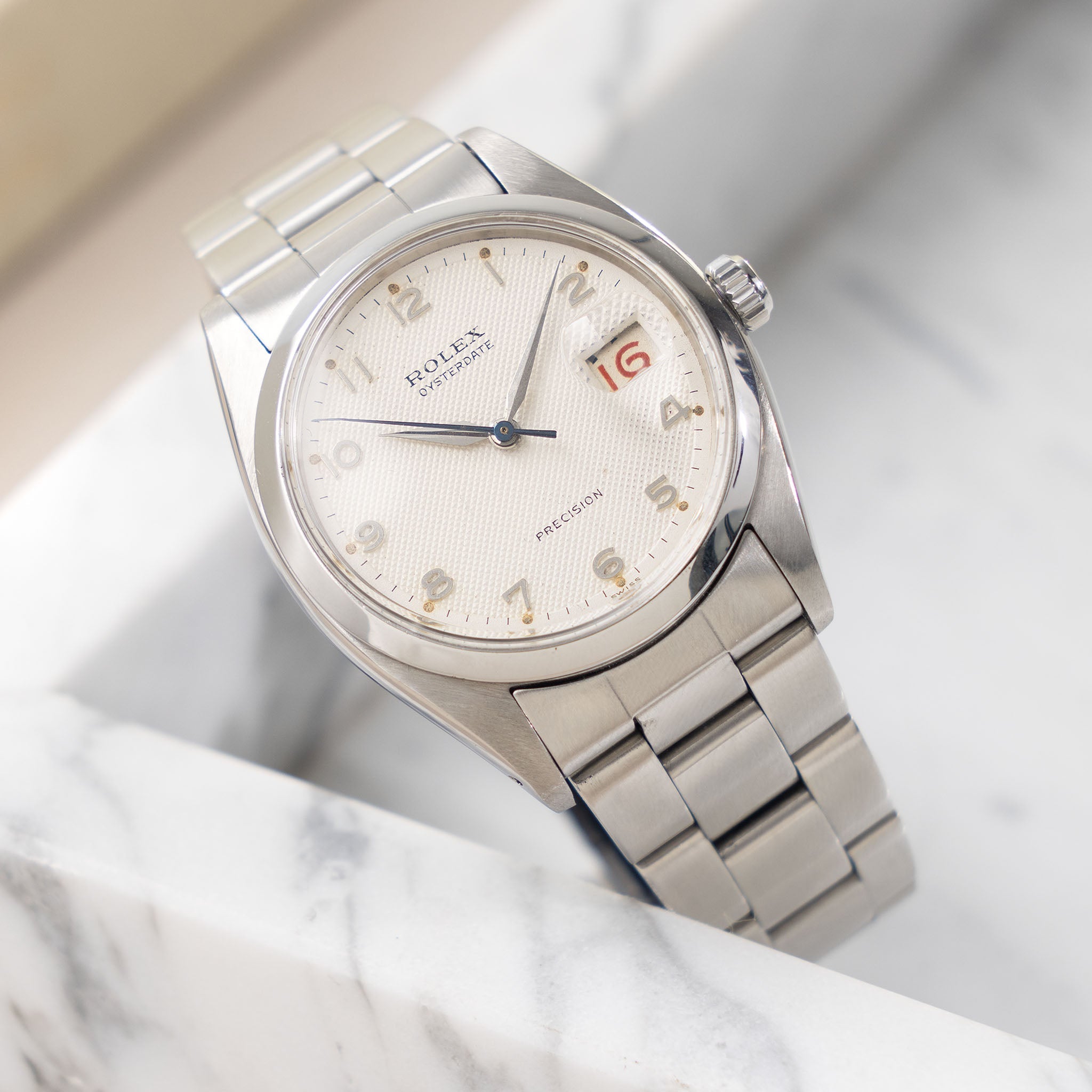 Rolex Oysterdate Precision Arabic Numerals White Waffle Dial Ref. 6494