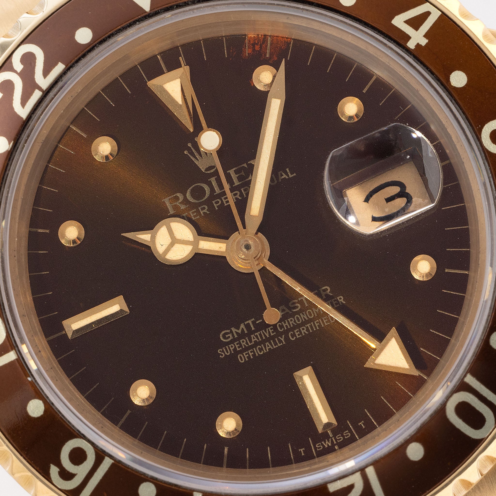 Rolex GMT-master 16758 18k Gelbgold braunes Nippel Zifferblatt mit Papiere