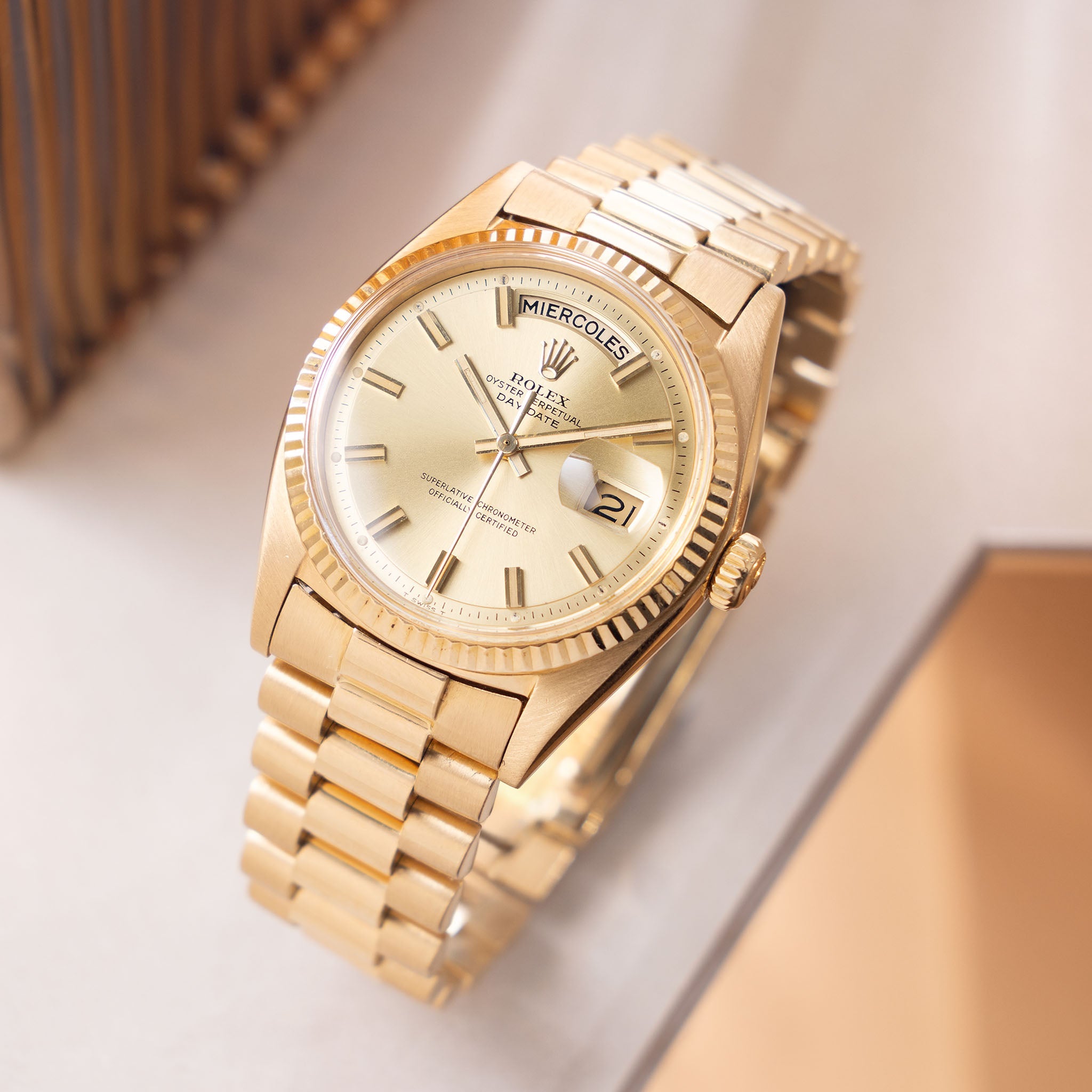 Rolex Day-Date Champagne Wide-Boy Dial With Box and Spanish Papers in 18k Yellow Gold Ref. 1803