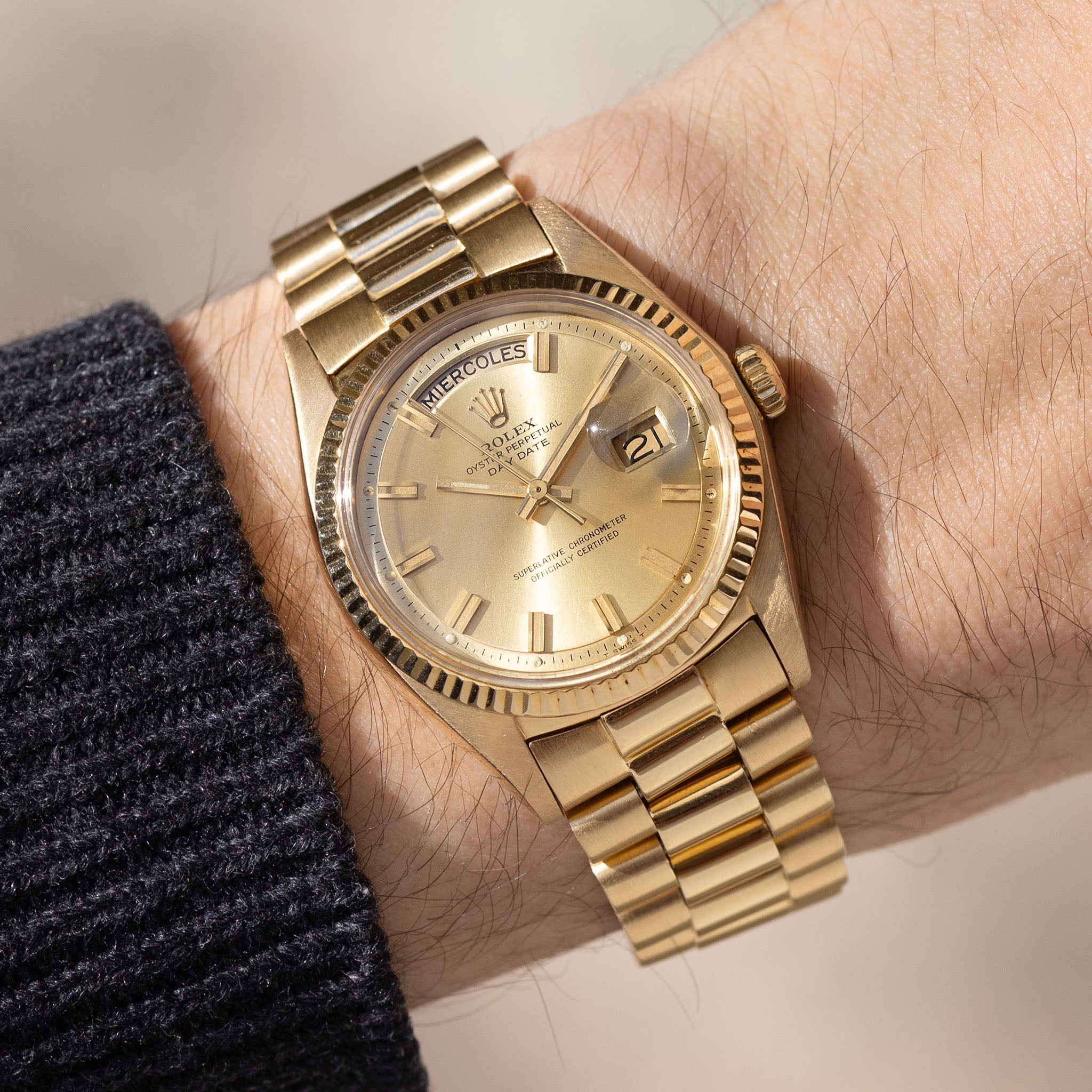 Rolex Day-Date Champagne Wide-Boy Dial With Box and Spanish Papers in 18k Yellow Gold Ref. 1803