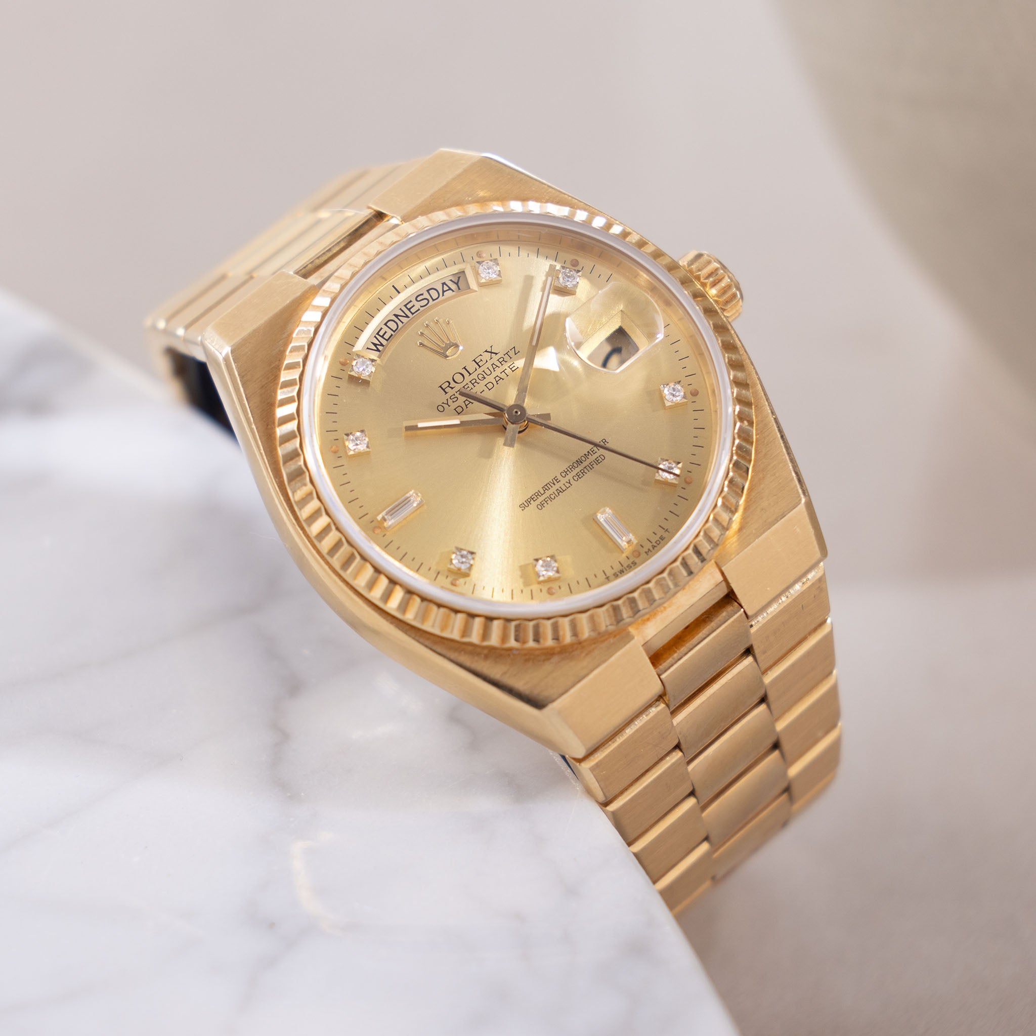 Rolex Day-Date Oysterquartz Champagne Diamond Dial Ref 19018 in 18k Yellow Gold