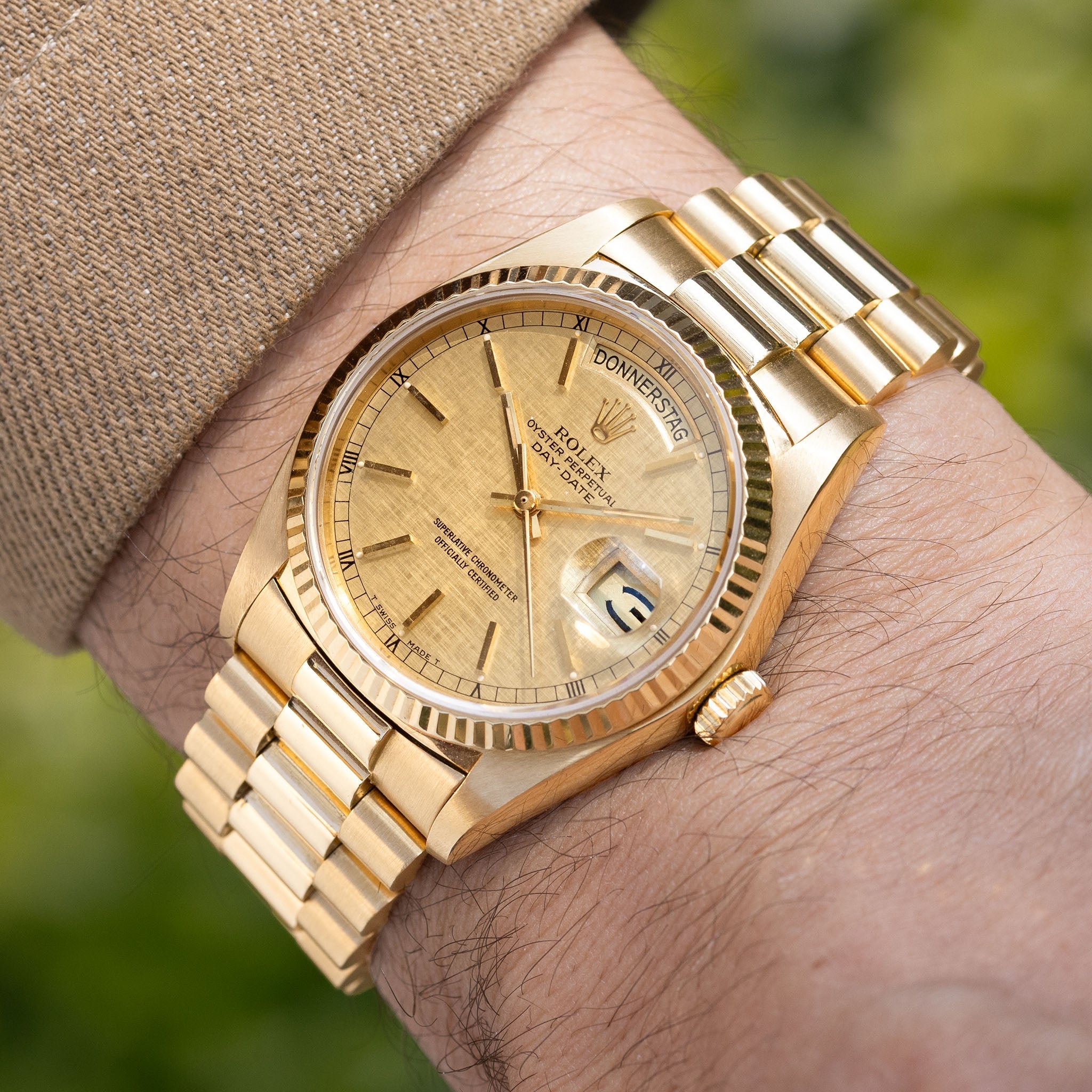Rolex Day-Date 18038 Linen Champagne Dial in 18k Yellow Gold