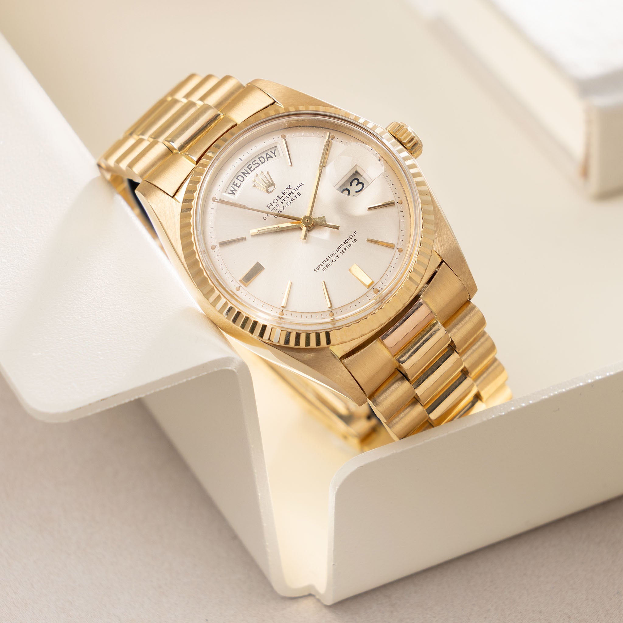 Rolex Day-Date Silver Doorstop Dial in 18k Yellow Gold ref. 1803 Original Box and Paper Set