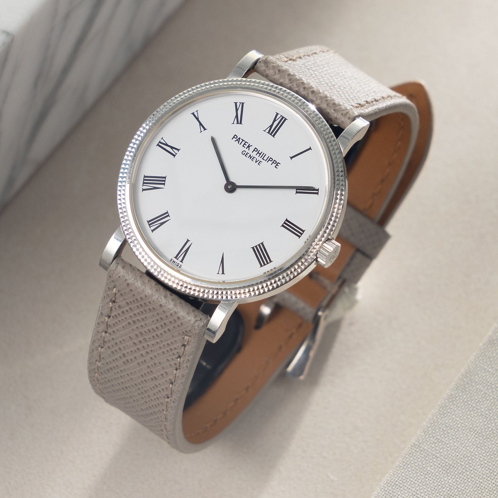 Saffiano Taupe Leather Watch Strap on a Patek Philippe Calatrava