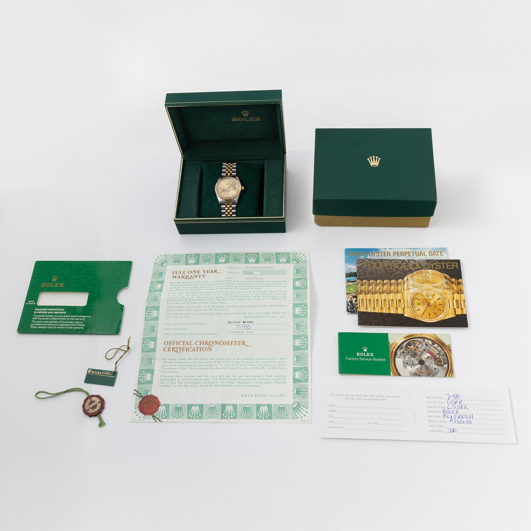 Rolex Oyster Perpetual Date Champagne Halliburton Logo Dial Box and Paper Set in Steel and Gold ref. 15223