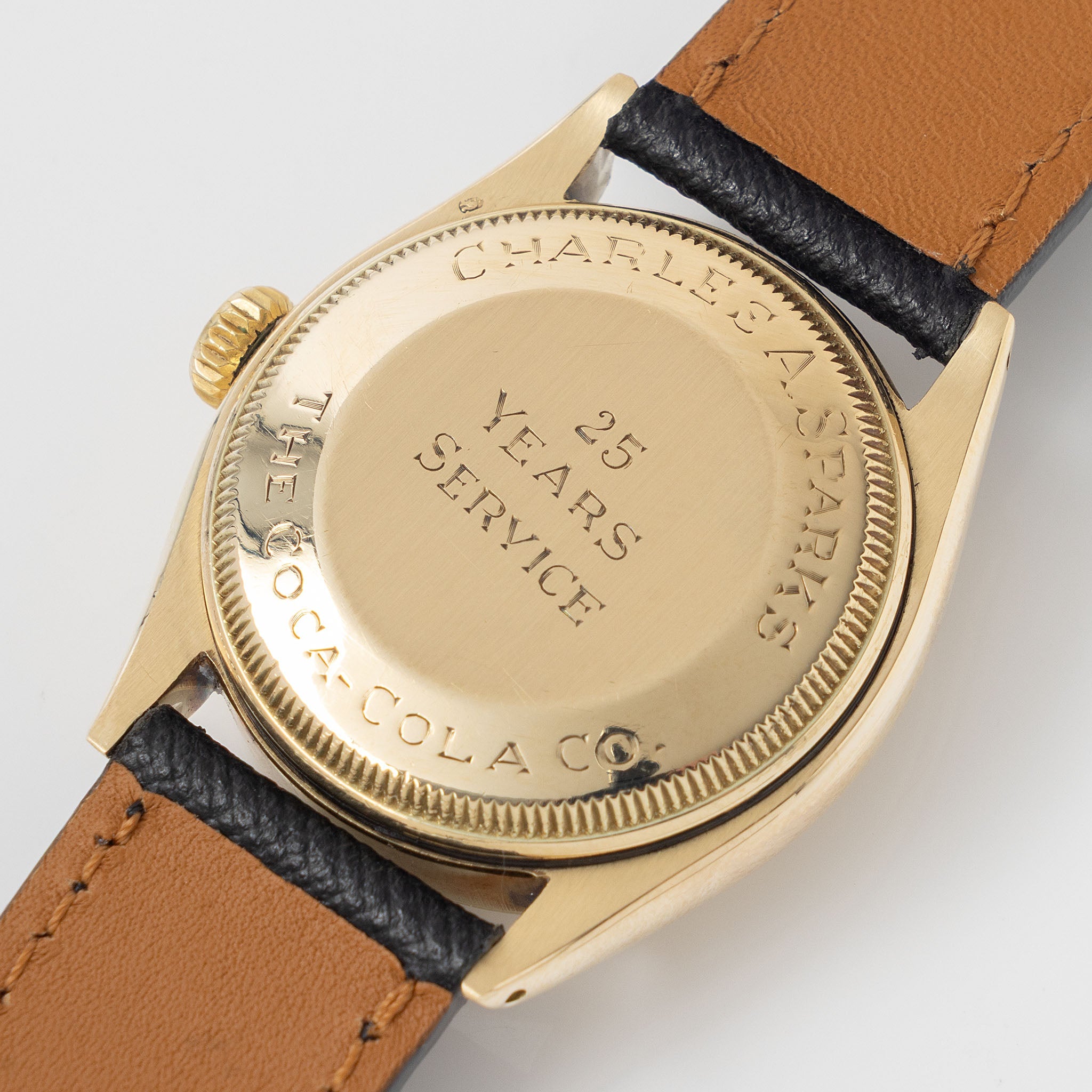 Rolex Oyster Perpetual "25 Year Coca Cola  Service”  Ref 6085 in 14 k Yellow Gold