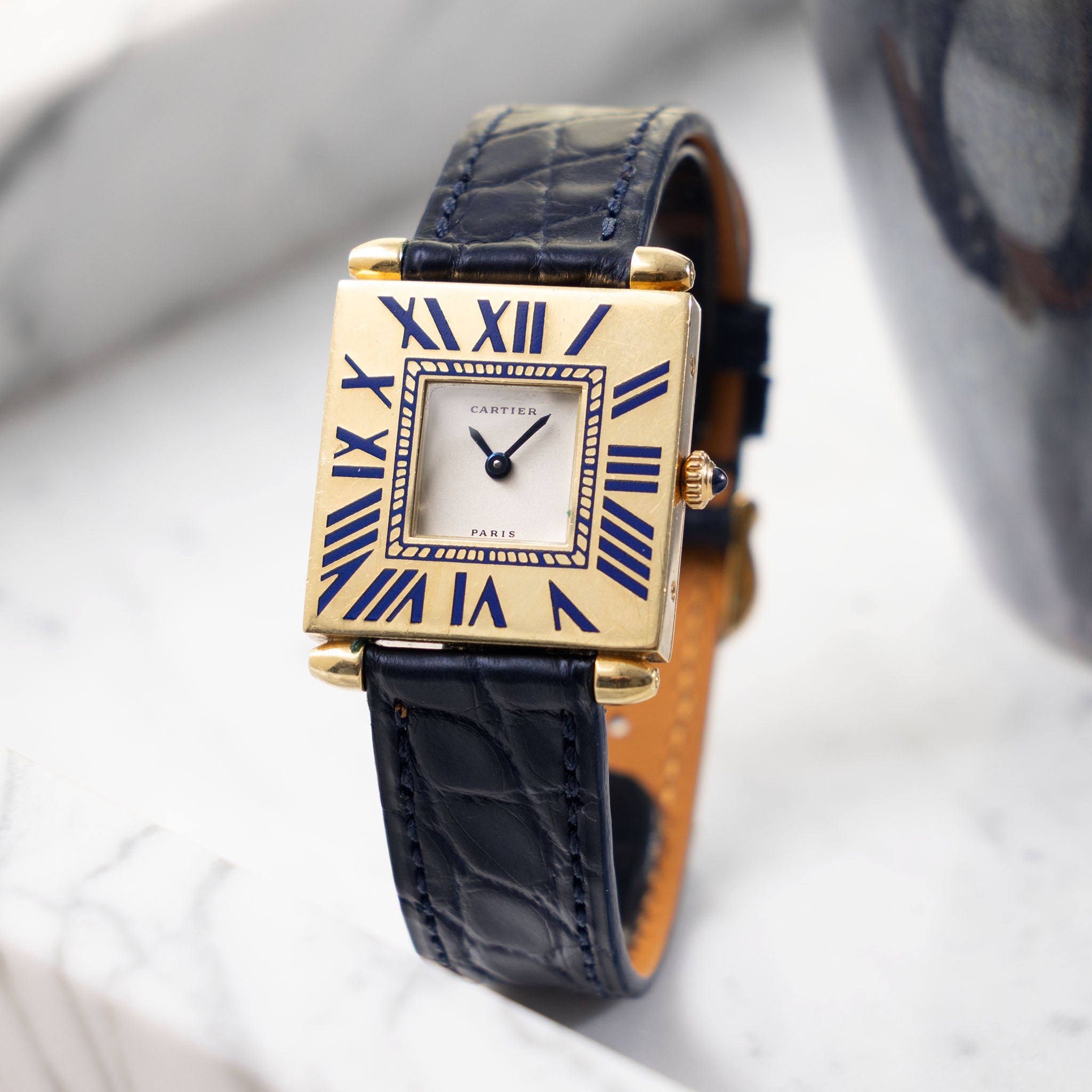 Cartier Obus Paris dial  in 18 k yellow gold Blue enamel numerals