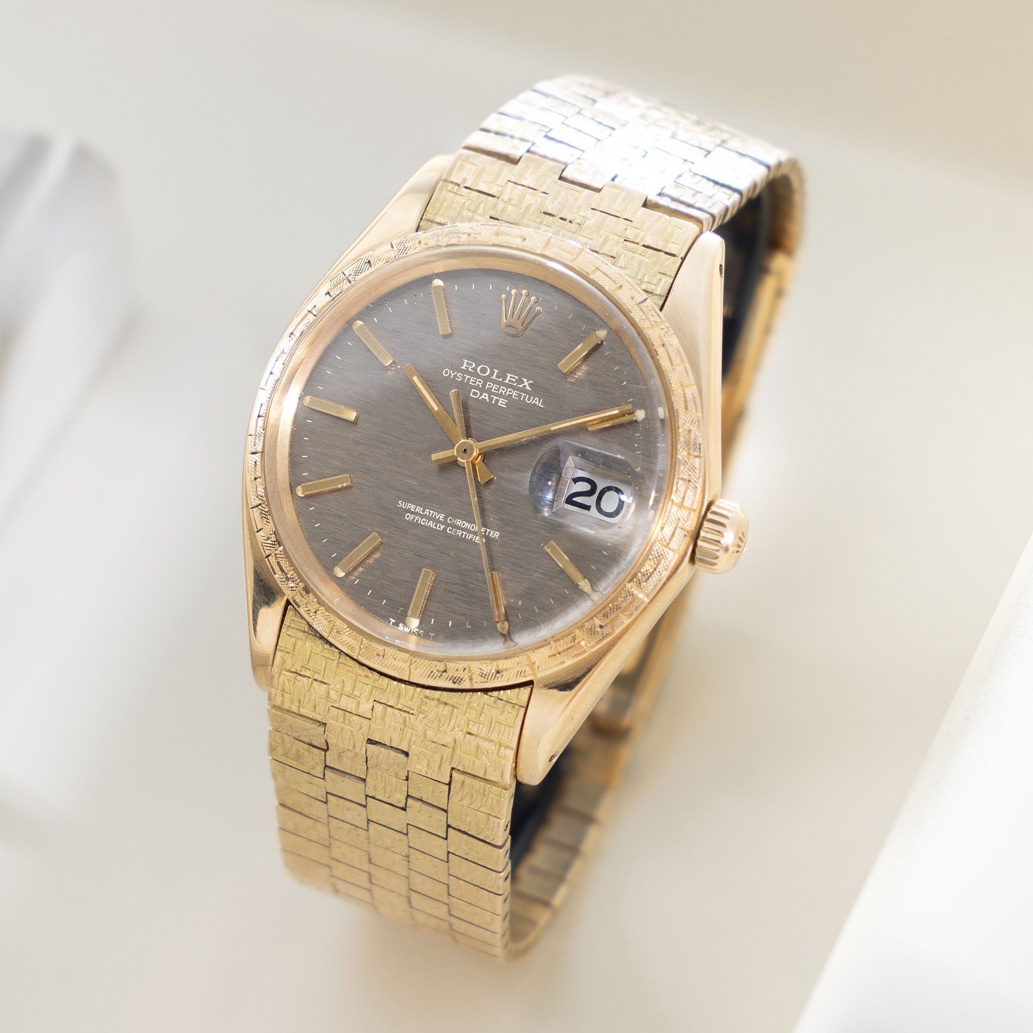 Rolex Oyster Perpetual Date 1504 Grey Shantung Dial Moreau Finish with Brick Bracelet in 18k Yellow Gold