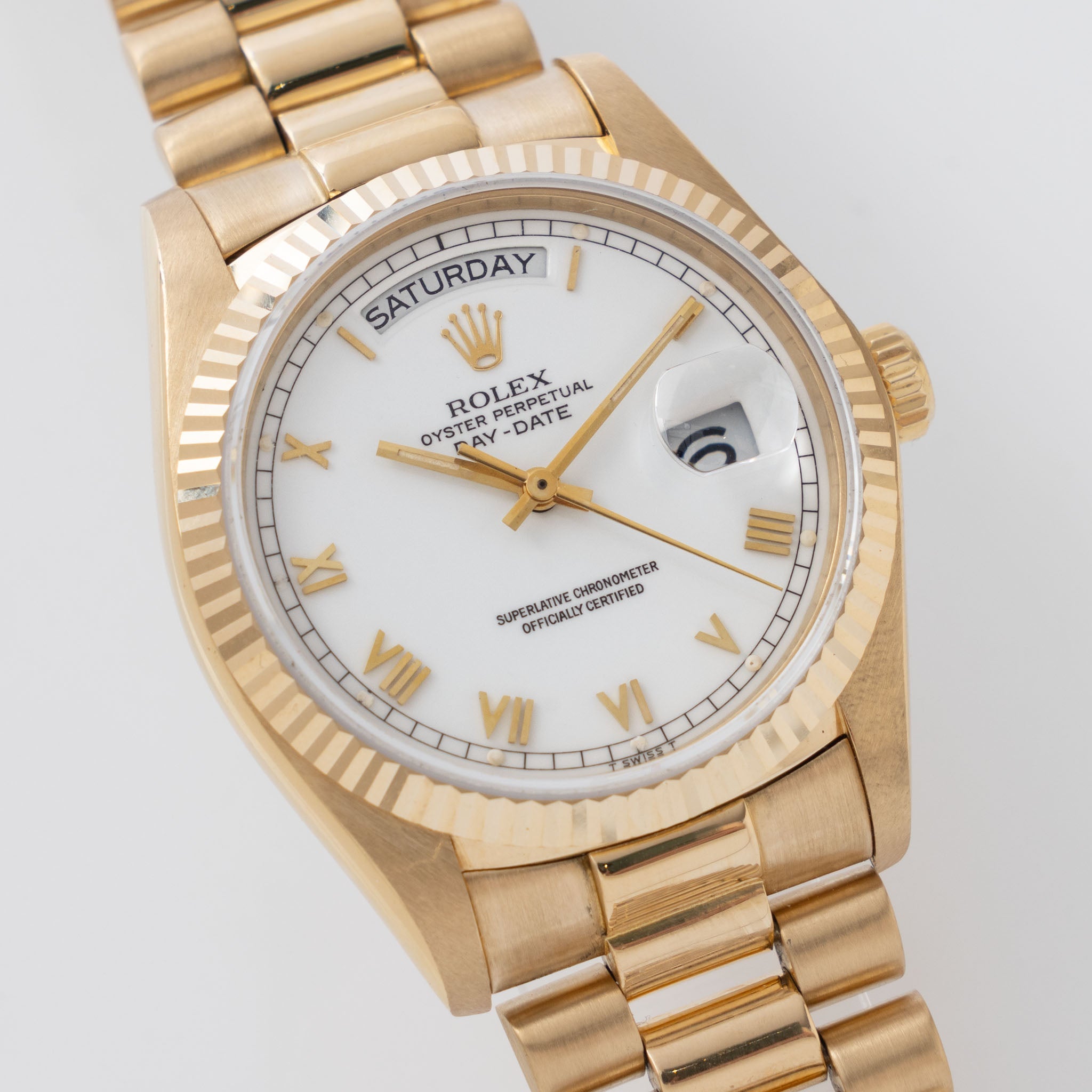 Rolex Day-Date 18038 Porcelain Roman Dial in 18k Yellow Gold