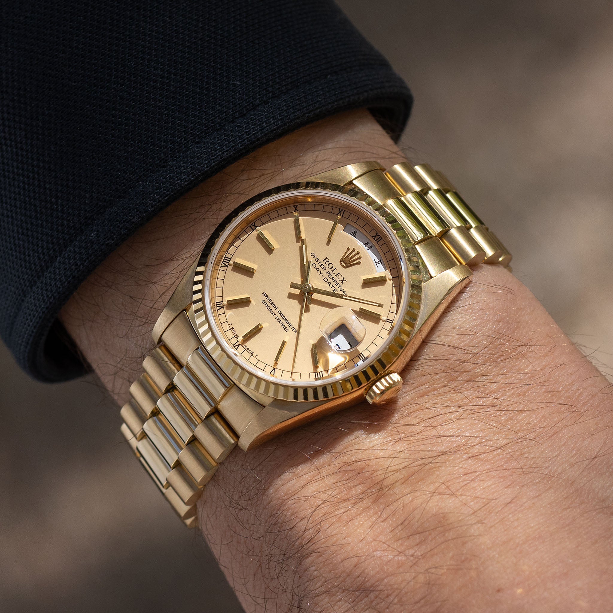 Rolex Day-Date 18238 rare Apricot Stella Dial with Original Guarantee paper in 18k yellow
