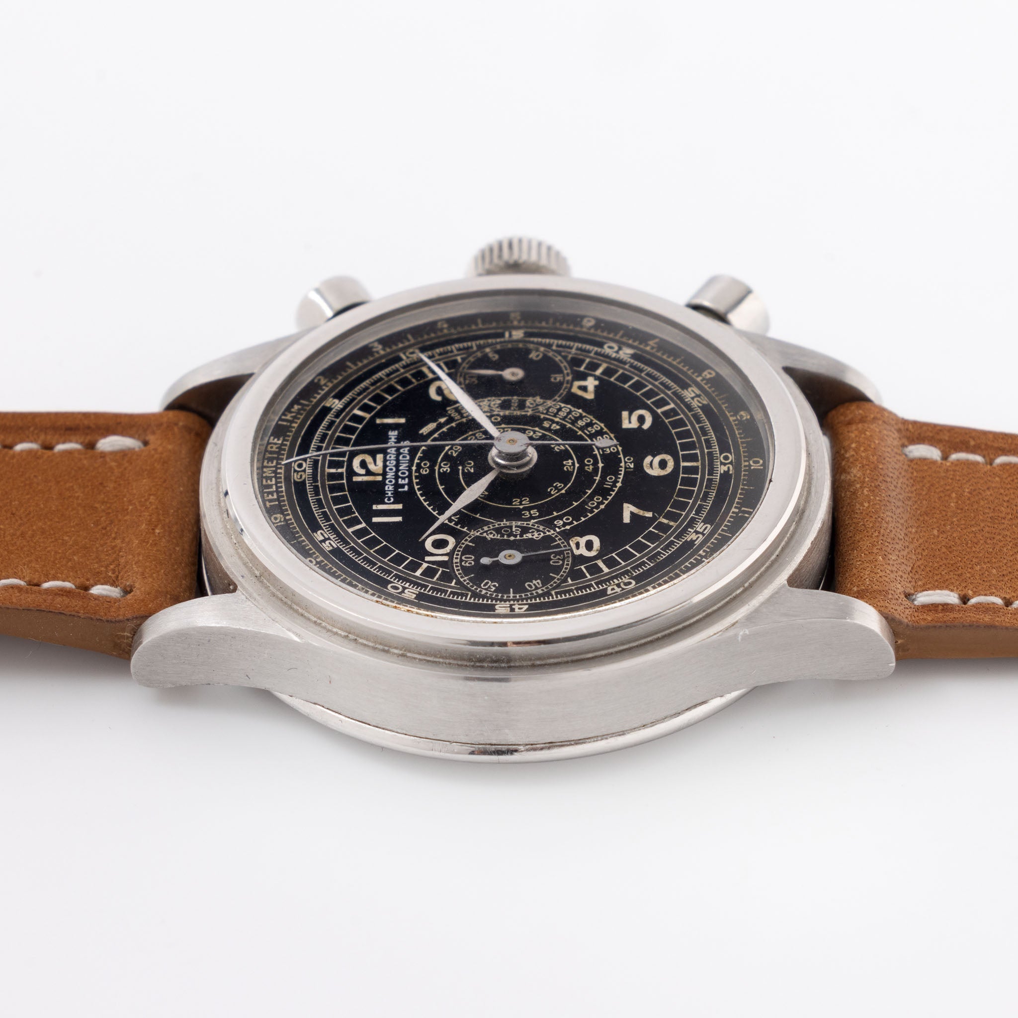 Leonidas Oversized Steel Step Case Millitary Style Chronograph Black Dial Valjoux 22