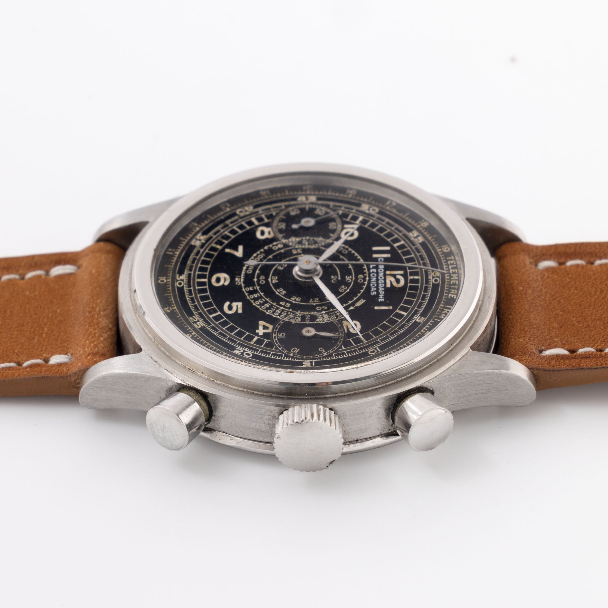 Leonidas Oversized Steel Step Case Millitary Style Chronograph Black Dial Valjoux 22