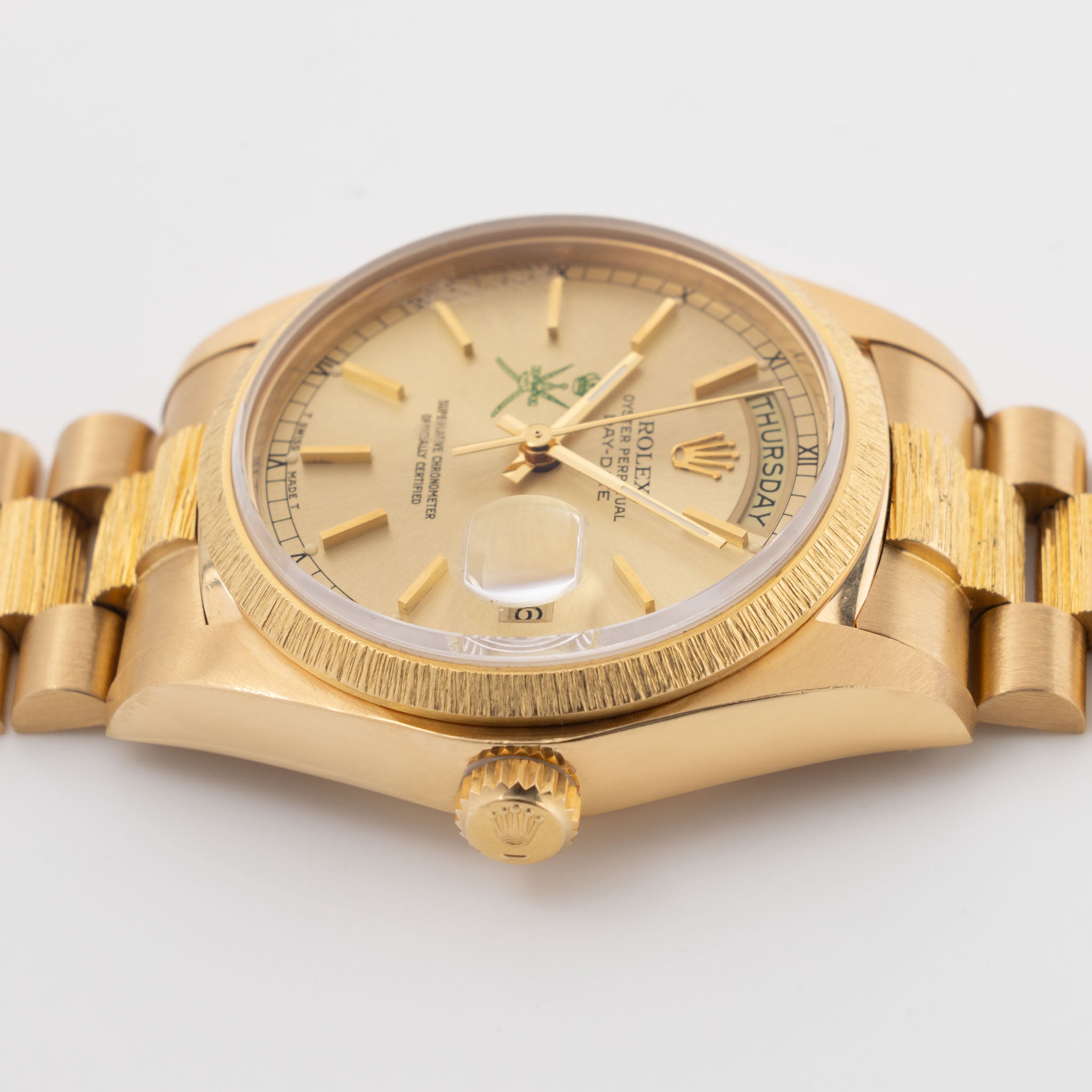 Rolex Day-Date 18078 Green Khanjar Champagne Dial Bark Finish in 18k Yellow Gold