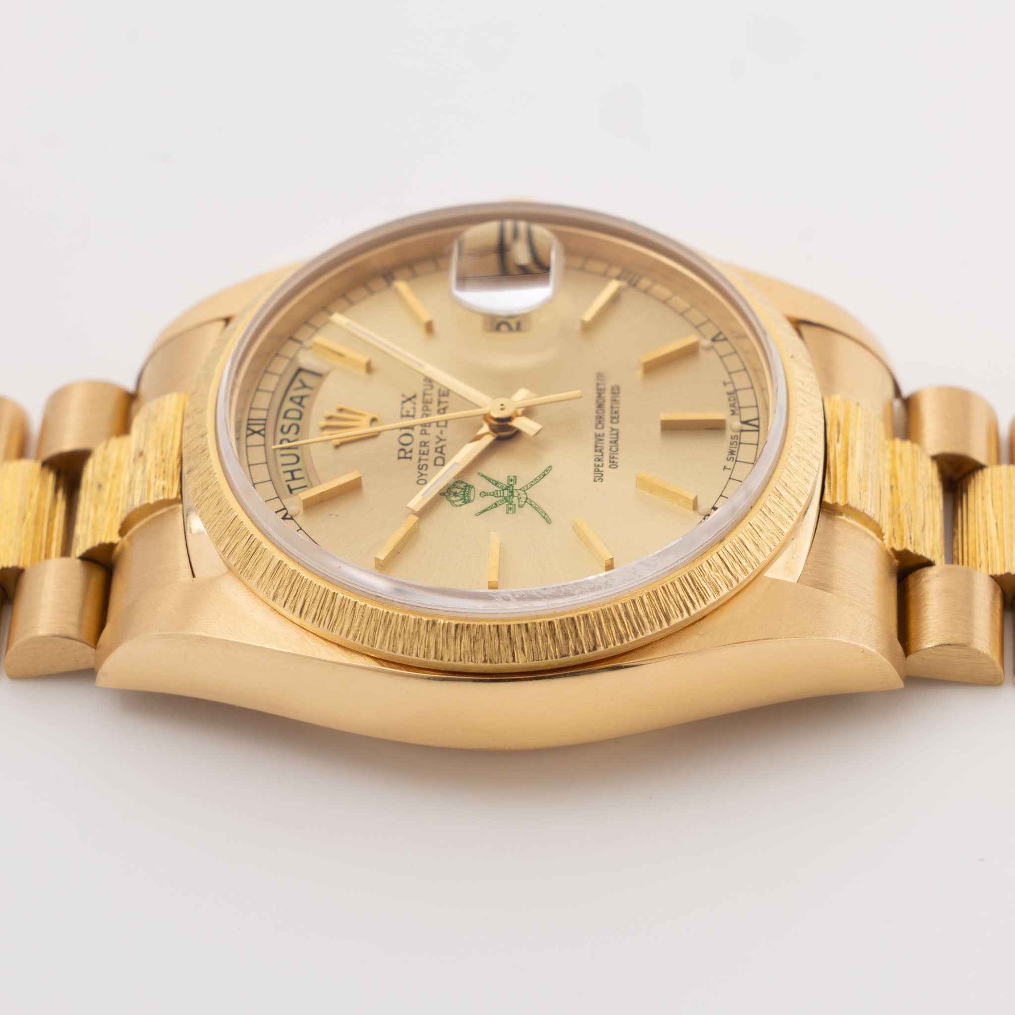 Rolex Day-Date 18078 Green Khanjar Champagne Dial Bark Finish in 18k Yellow Gold