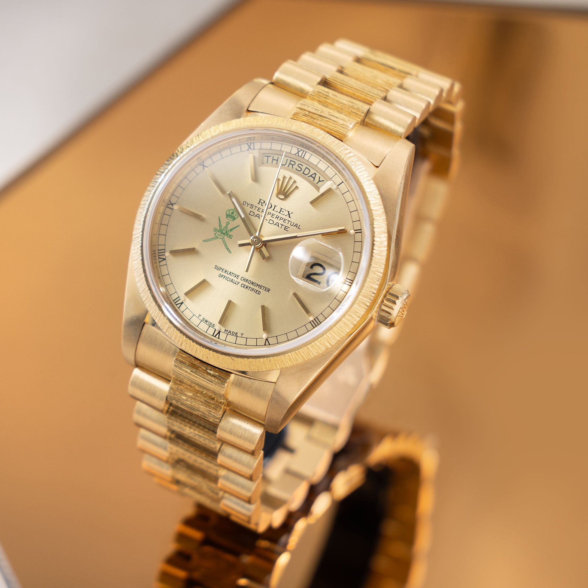 Rolex Day-Date 18078 Green Khanjar Champagne Dial Bark Finish in 18k Yellow Gold