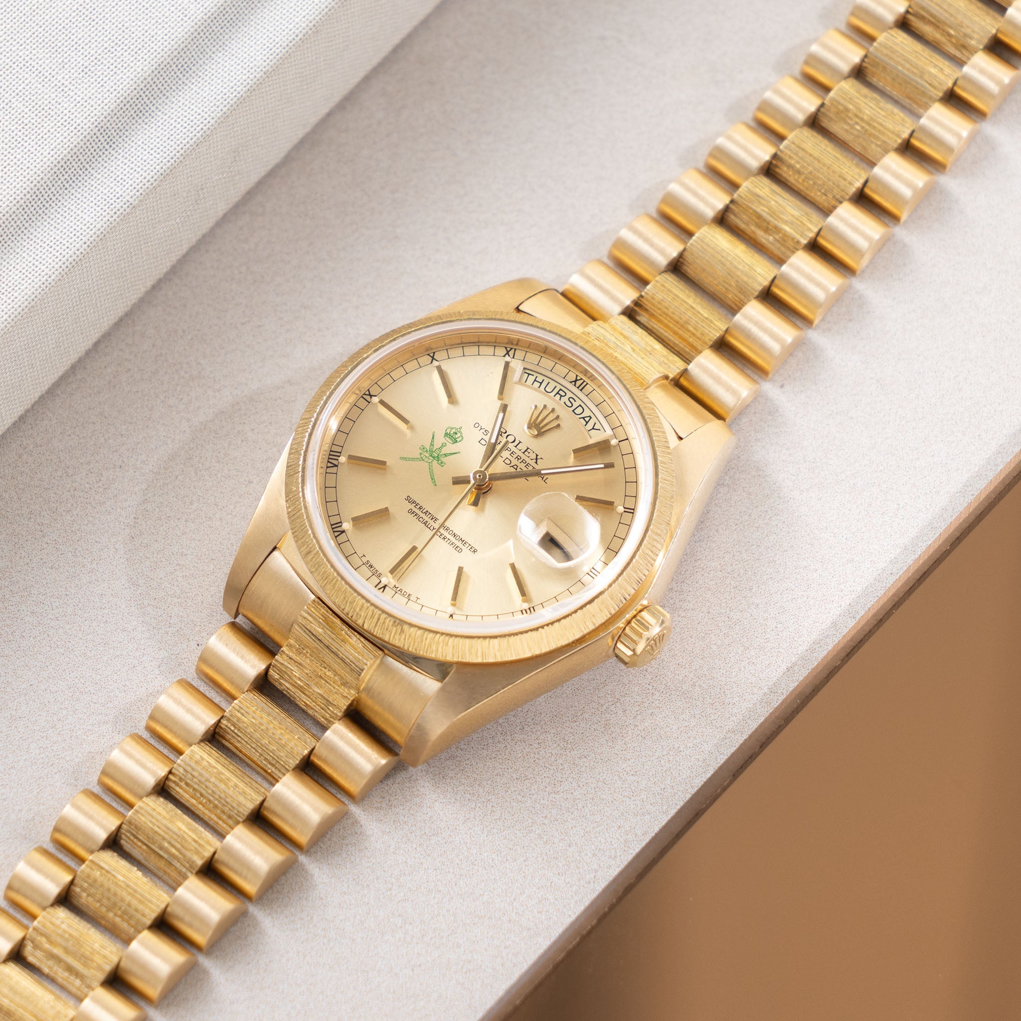 Rolex Day-Date 18078 Green Khanjar Champagne Dial Bark Finish in 18k Yellow Gold