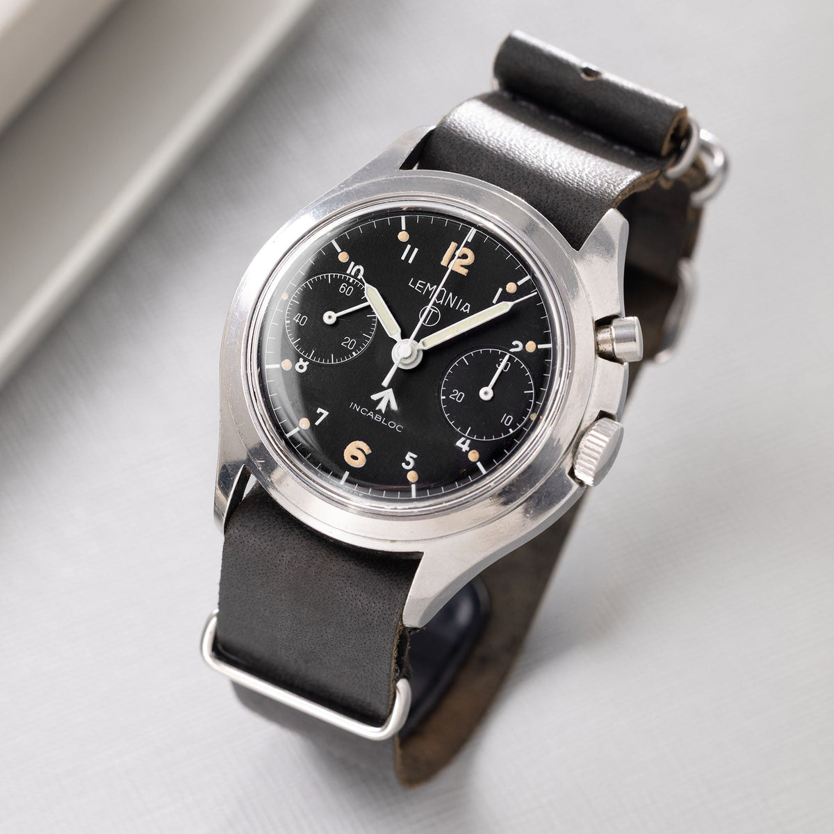 Lemania Monopusher Chronograph 6BB Asymmetric Case Military Chronograph Black Dial issued to the Royal Air Force