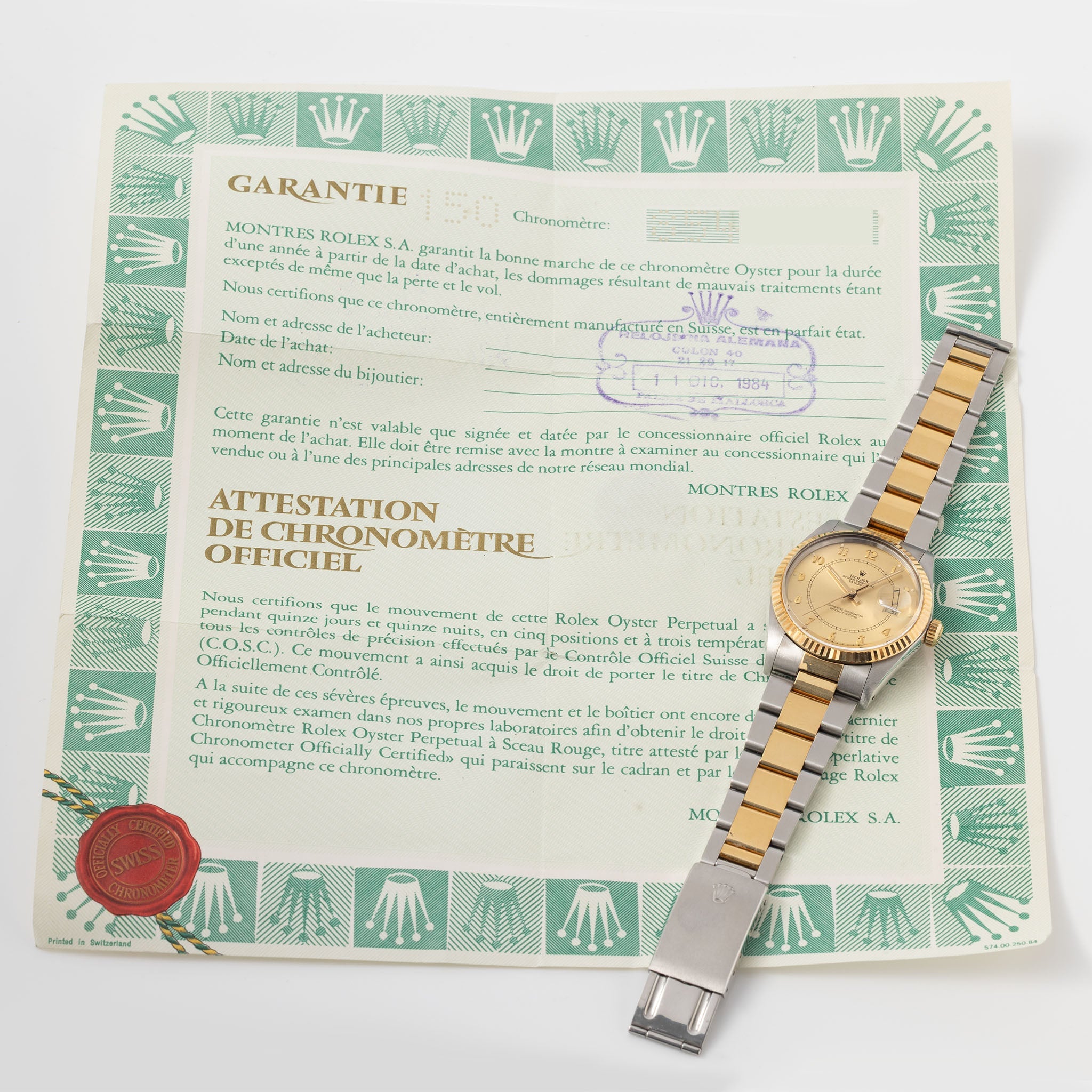 Rolex Datejust 16013 Boiler Gauge Champagne Dial with Original Punched Paper in Steel and Yellow Gold
