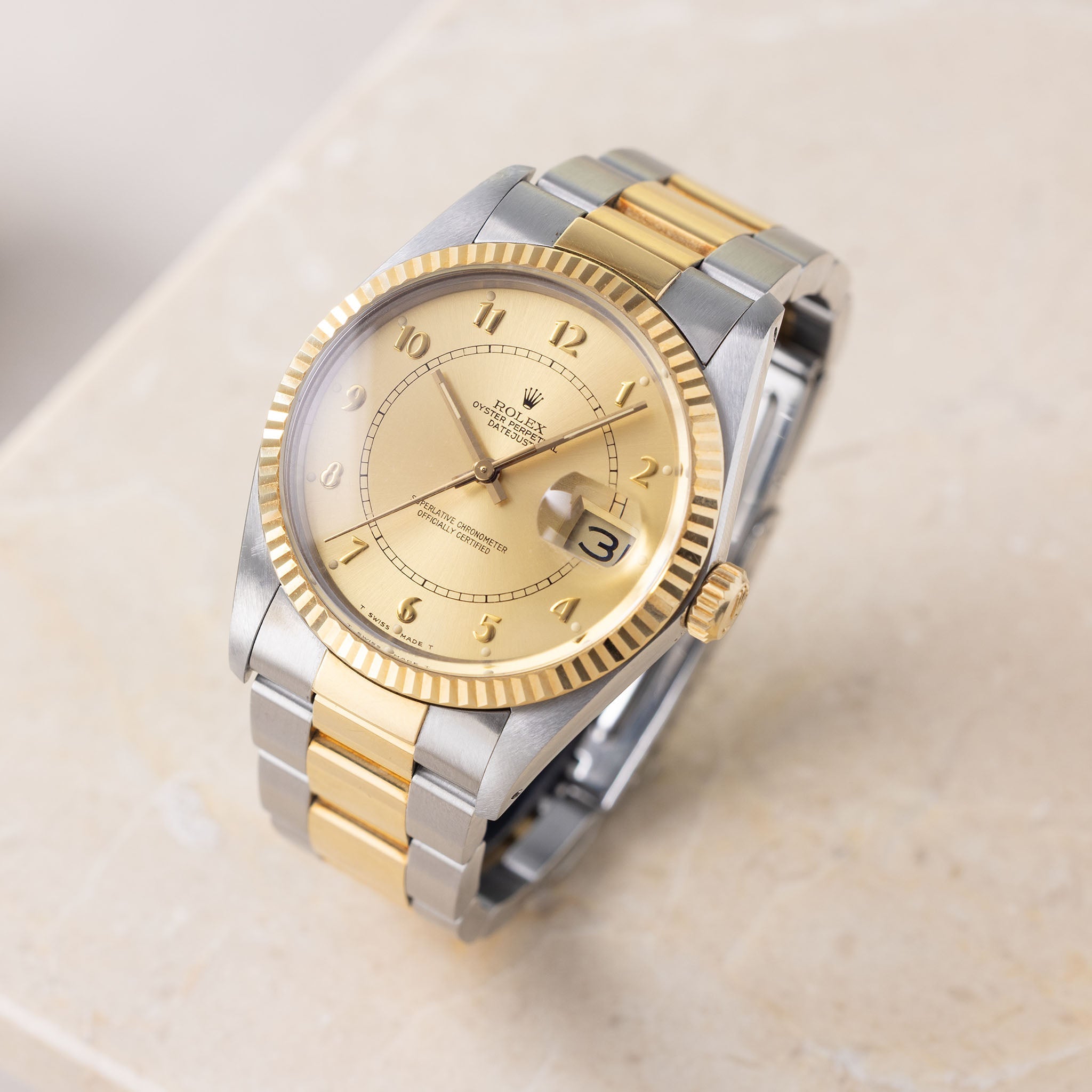 Rolex Datejust 16013 Boiler Gauge Champagne Dial with Original Punched Paper in Steel and Yellow Gold