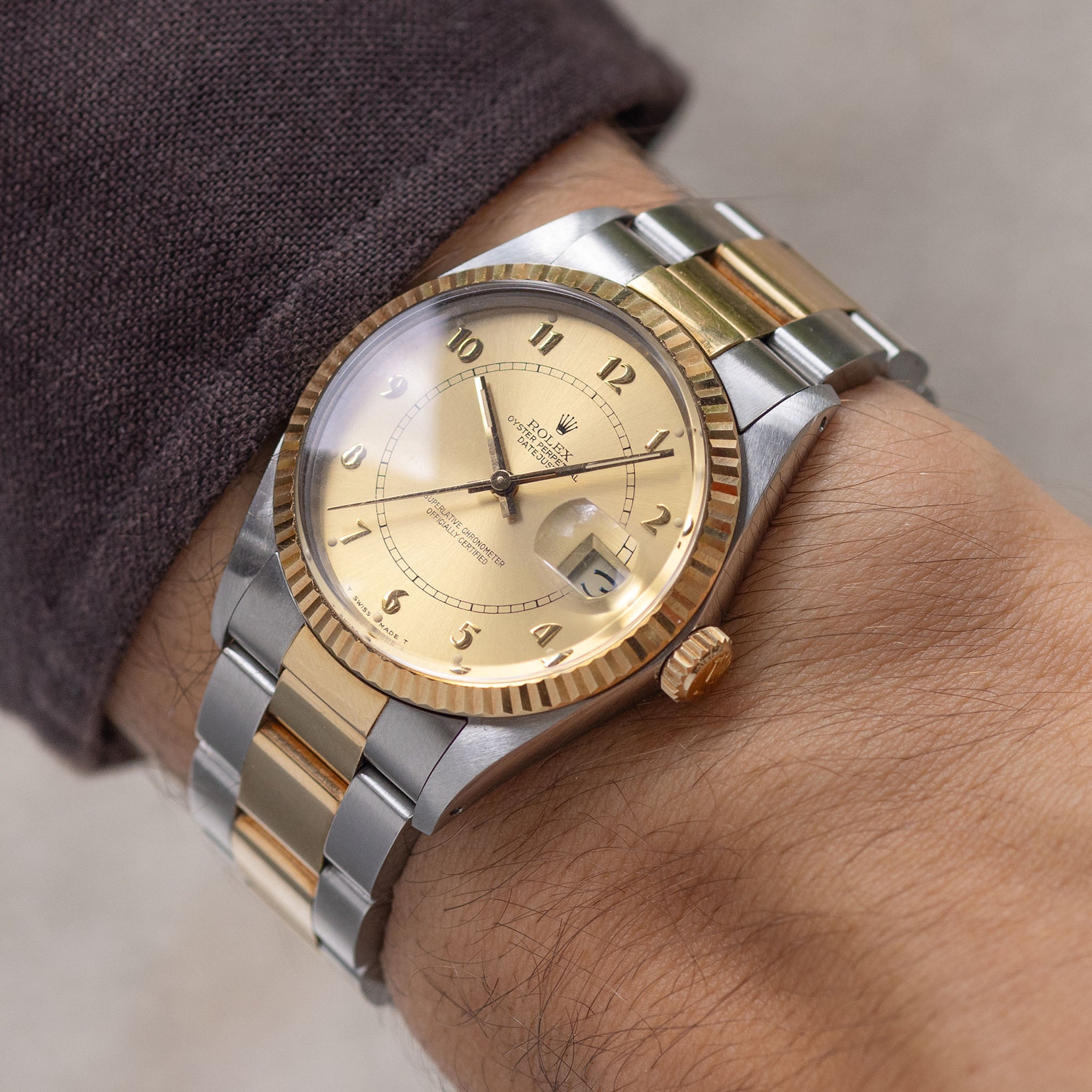Rolex Datejust 16013 Boiler Gauge Champagne Dial with Original Punched Paper in Steel and Yellow Gold