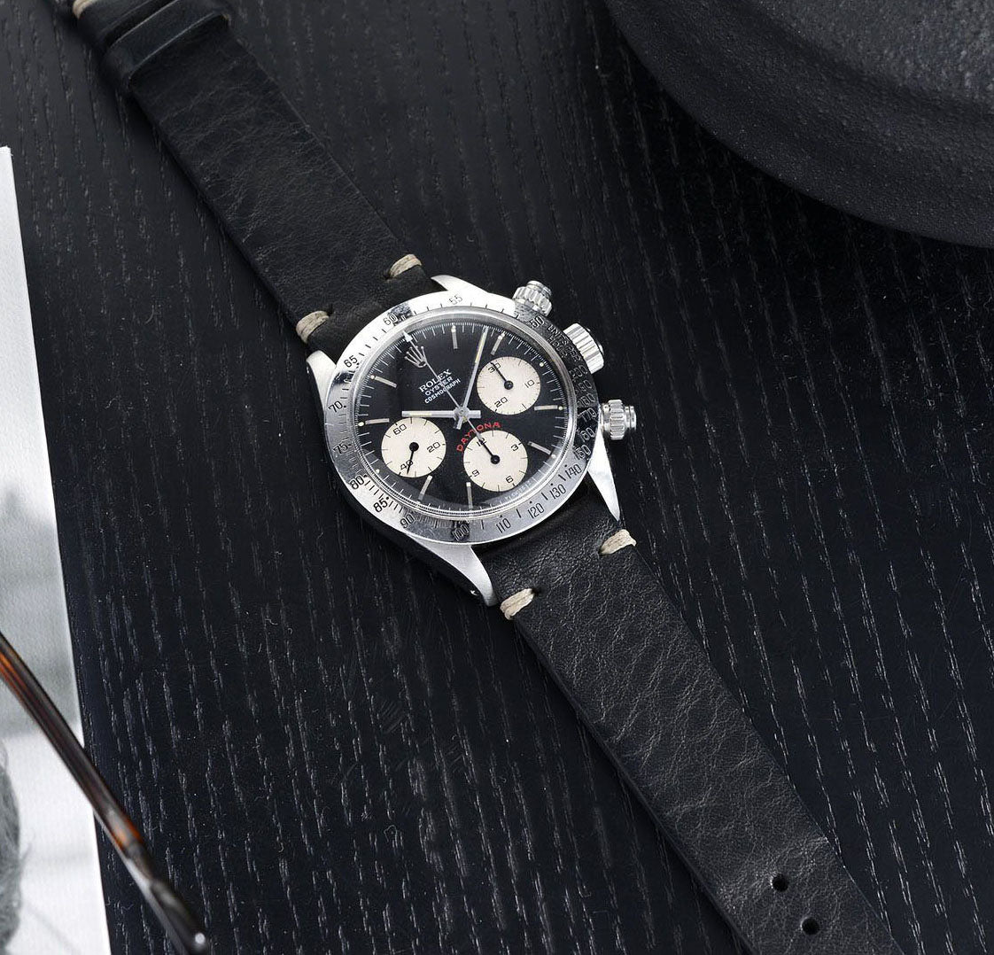 Vintage Style Nero Leder Uhrenarmband auf einer Rolex Daytona 6265