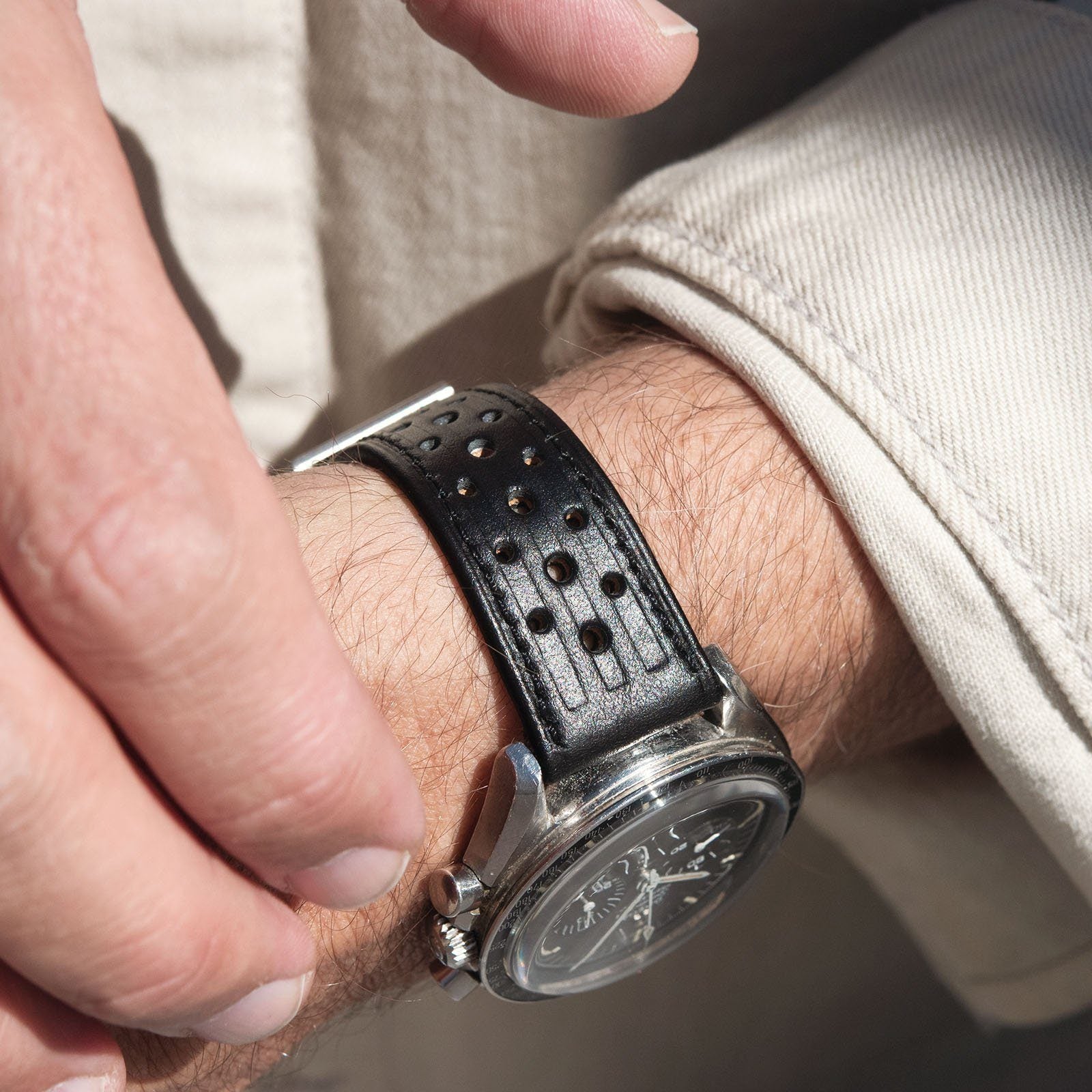 B&S Racing Black Speedy Leather Watch Strap on an Omega Speedmaster Professional 