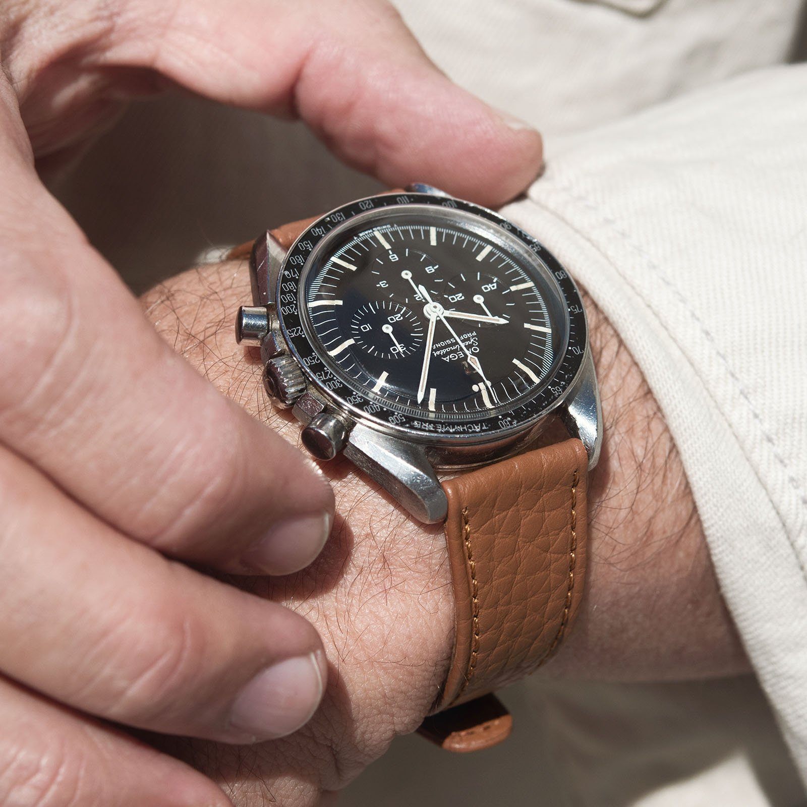 B&S Taurillon Brown Speedy Leather Watch Strap on an Omega Speedmaster Professional