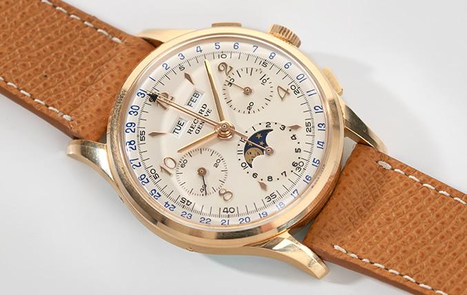 NOS 1950s Record Triple Date Moonphase Gold Chronograph Valjoux 88