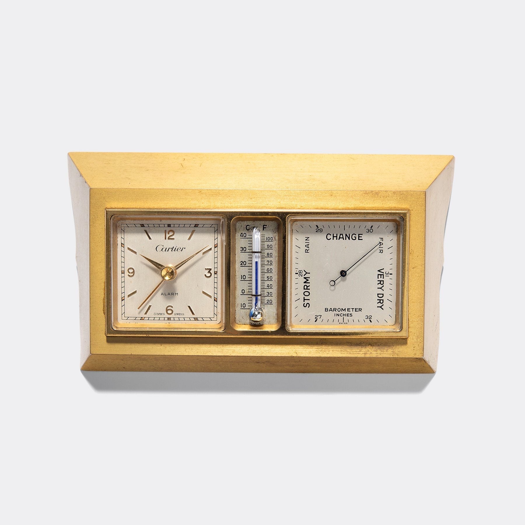 1960s Cartier Gilt Brass Desk Alarm Clock and Weather Station