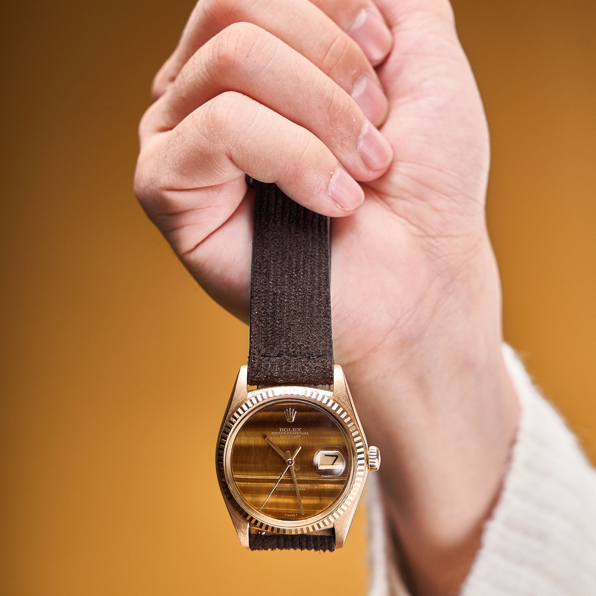 Velvet Style Brown Suede Leather Watch Strap on Rolex 1601 Tiger Eye Datejust