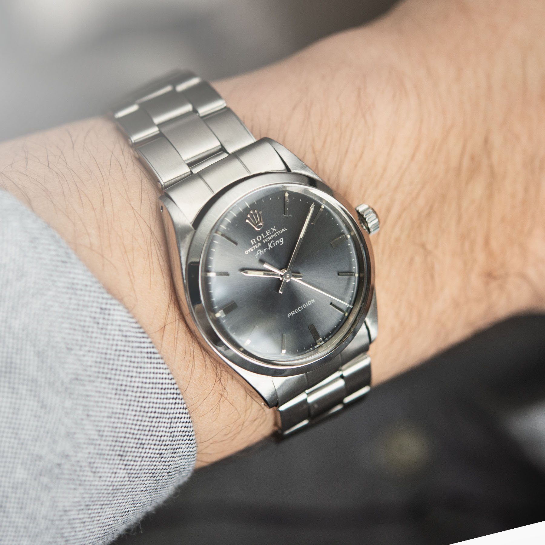 Rolex Air King Ref 5500 Grey Soleil Dial wrist shot on Oyster bracelet