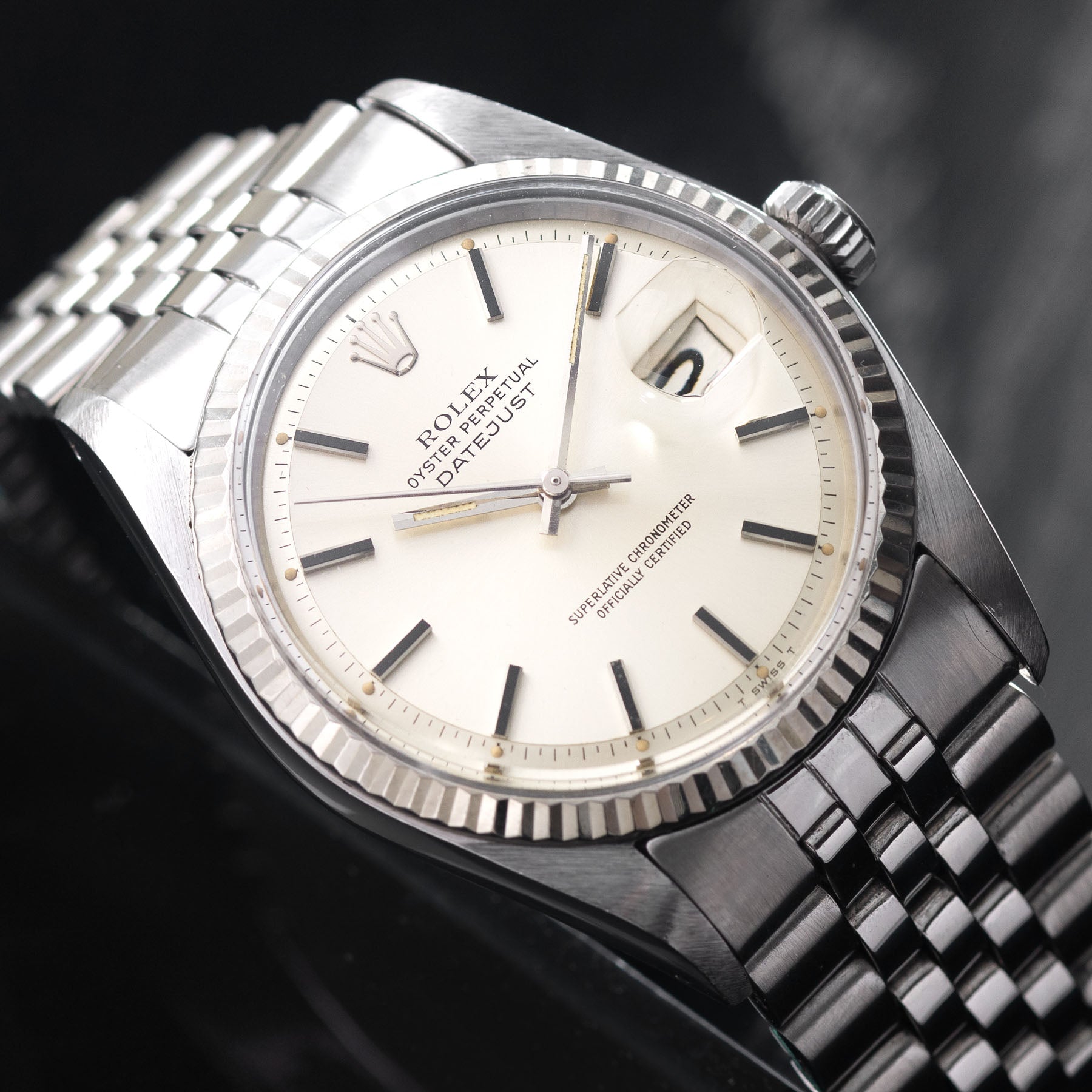 Rolex Datejust 1601 White Gold Bezel Silver Pie Pan Dial 