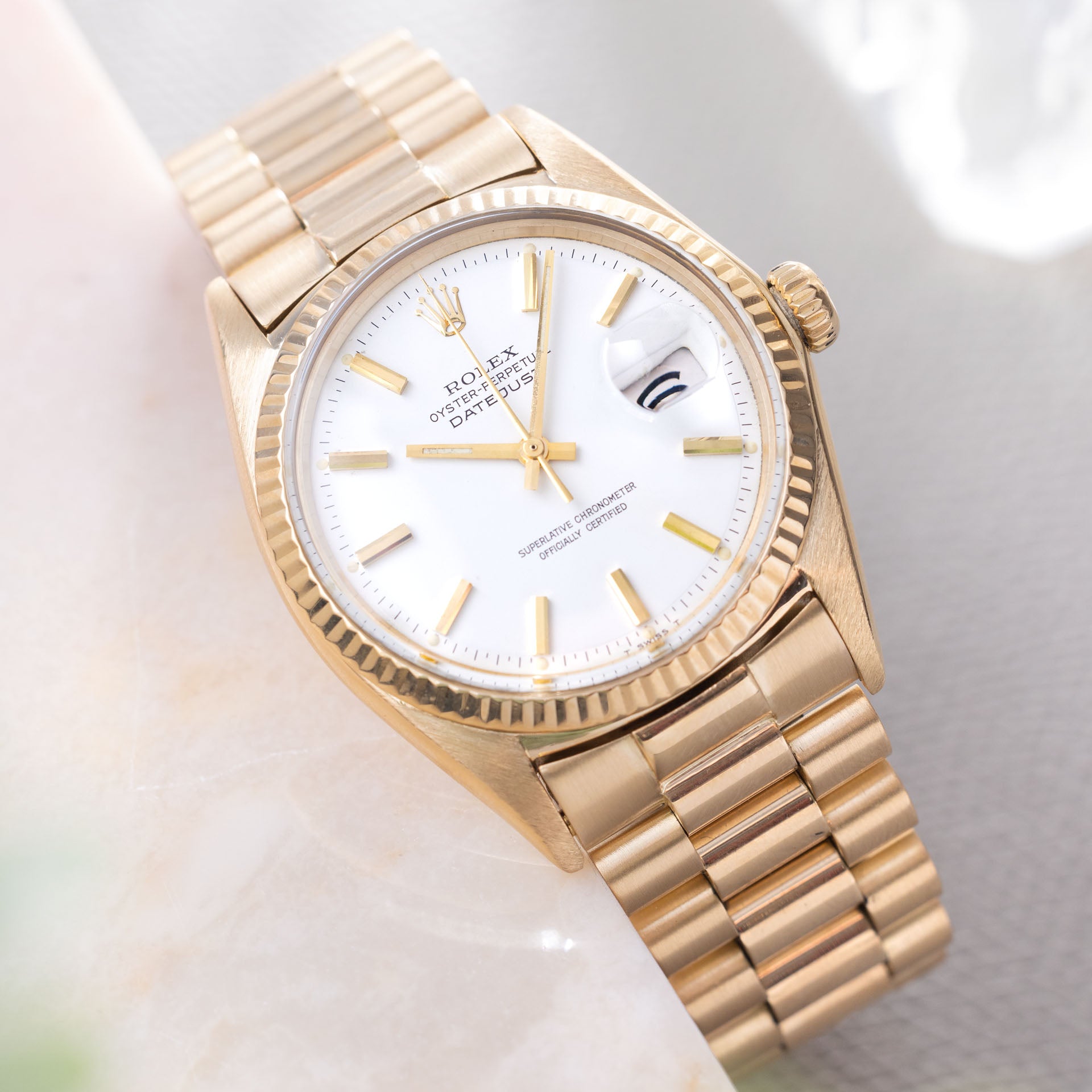 Rolex Datejust 1601 Yellow Gold White Dial President Bracelet