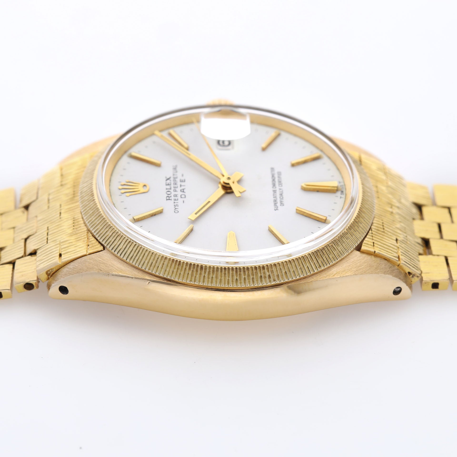 Rolex Date 1507 Yellow Gold Rare Bezel and Brick Link Bracelet