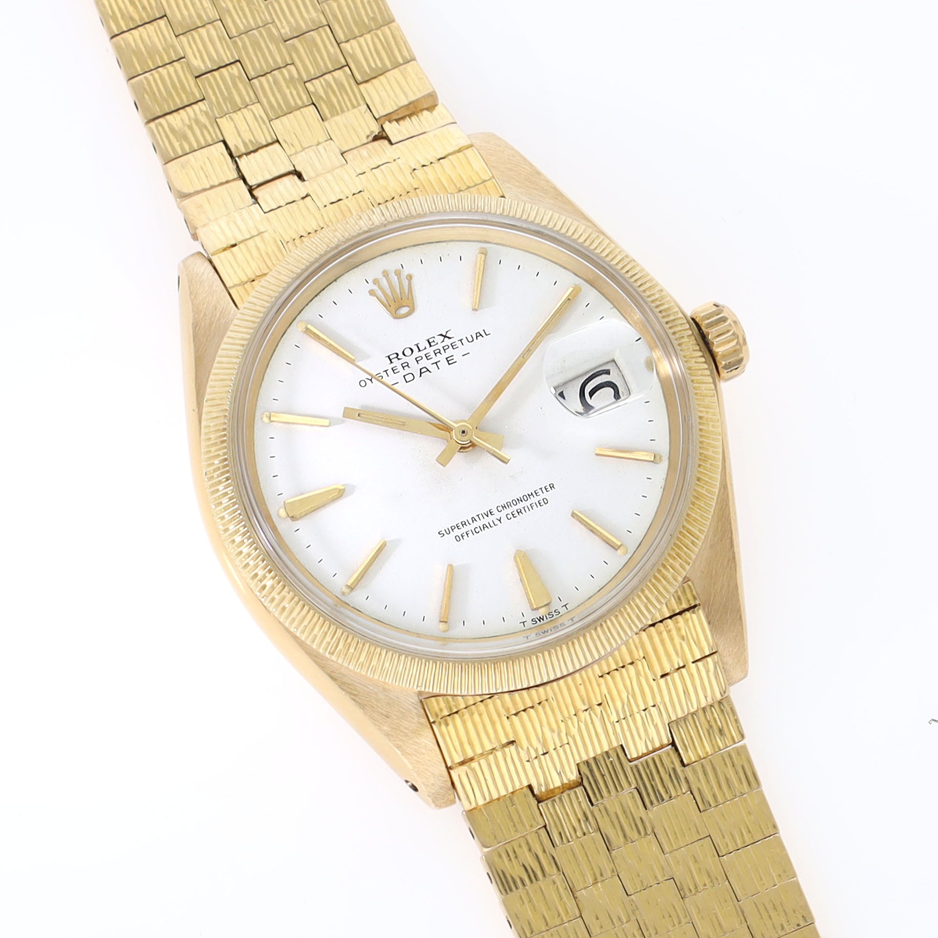 Rolex Date 1507 Yellow Gold Rare Bezel and Brick Link Bracelet