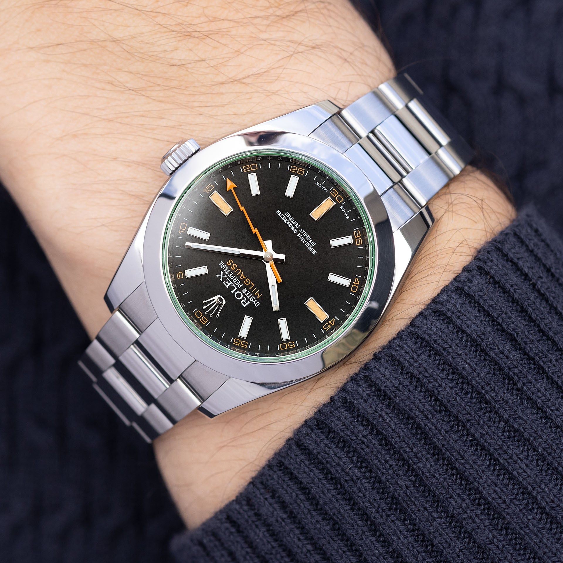 Rolex Milgauss 116400GV Black Dial Green Glass Box and Papers