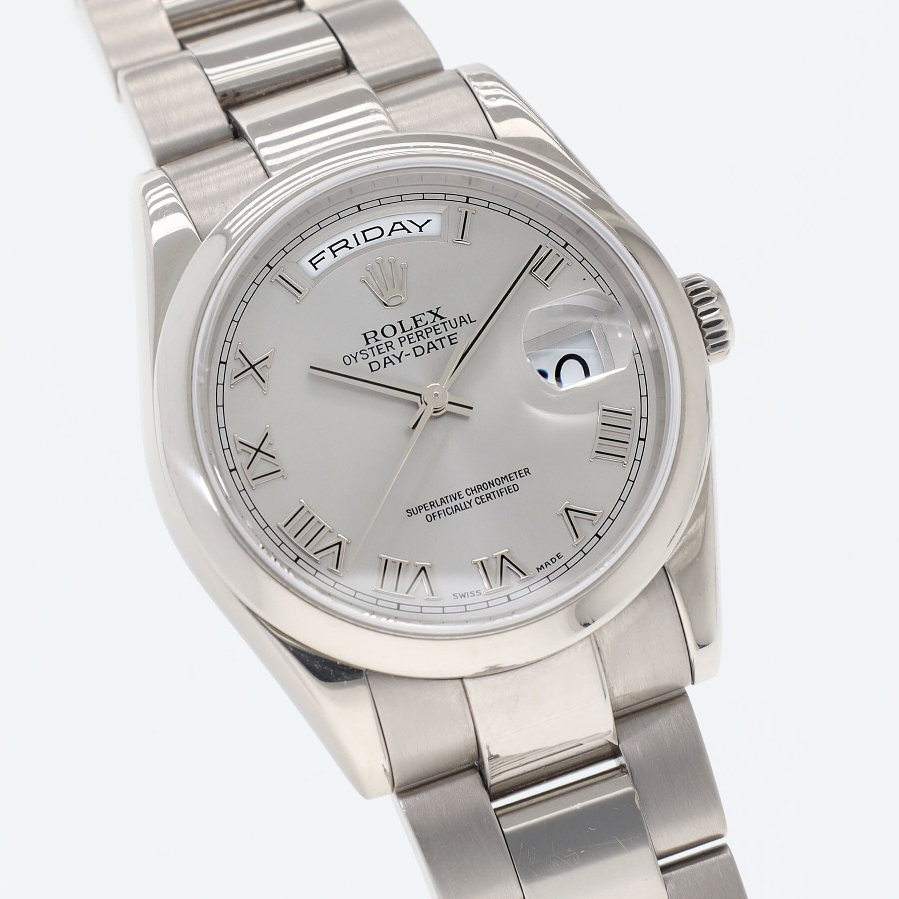 Rolex Day-Date 118209 White Gold Smooth Bezel Silver Dial