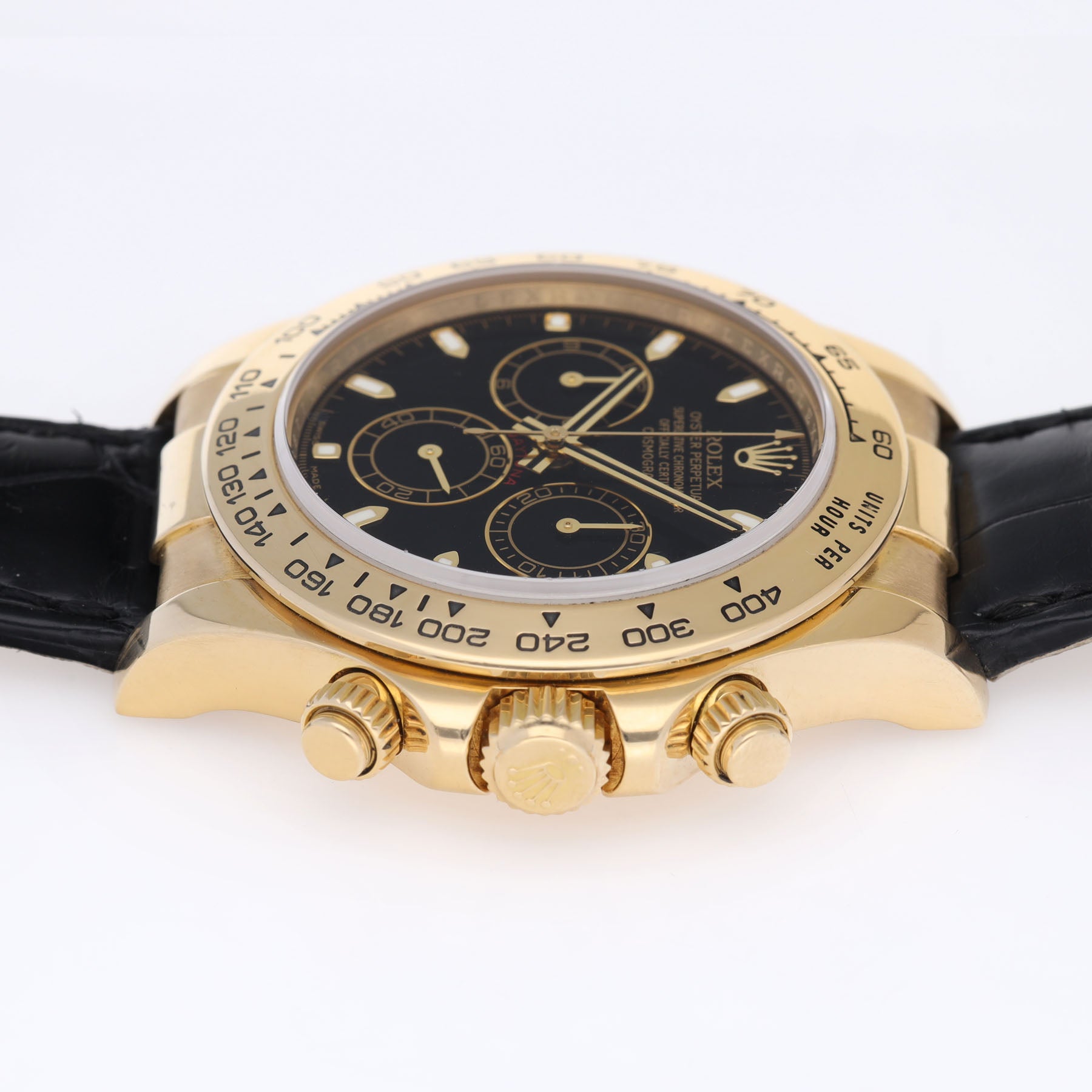 Rolex Daytona 116518 Gelbgold mit Schwarzem Zifferblatt auf Lederband