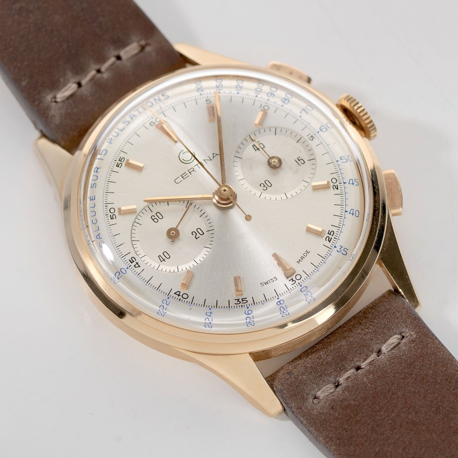 Certina Red Gold Pulsometer Chronograph Watch 1940s