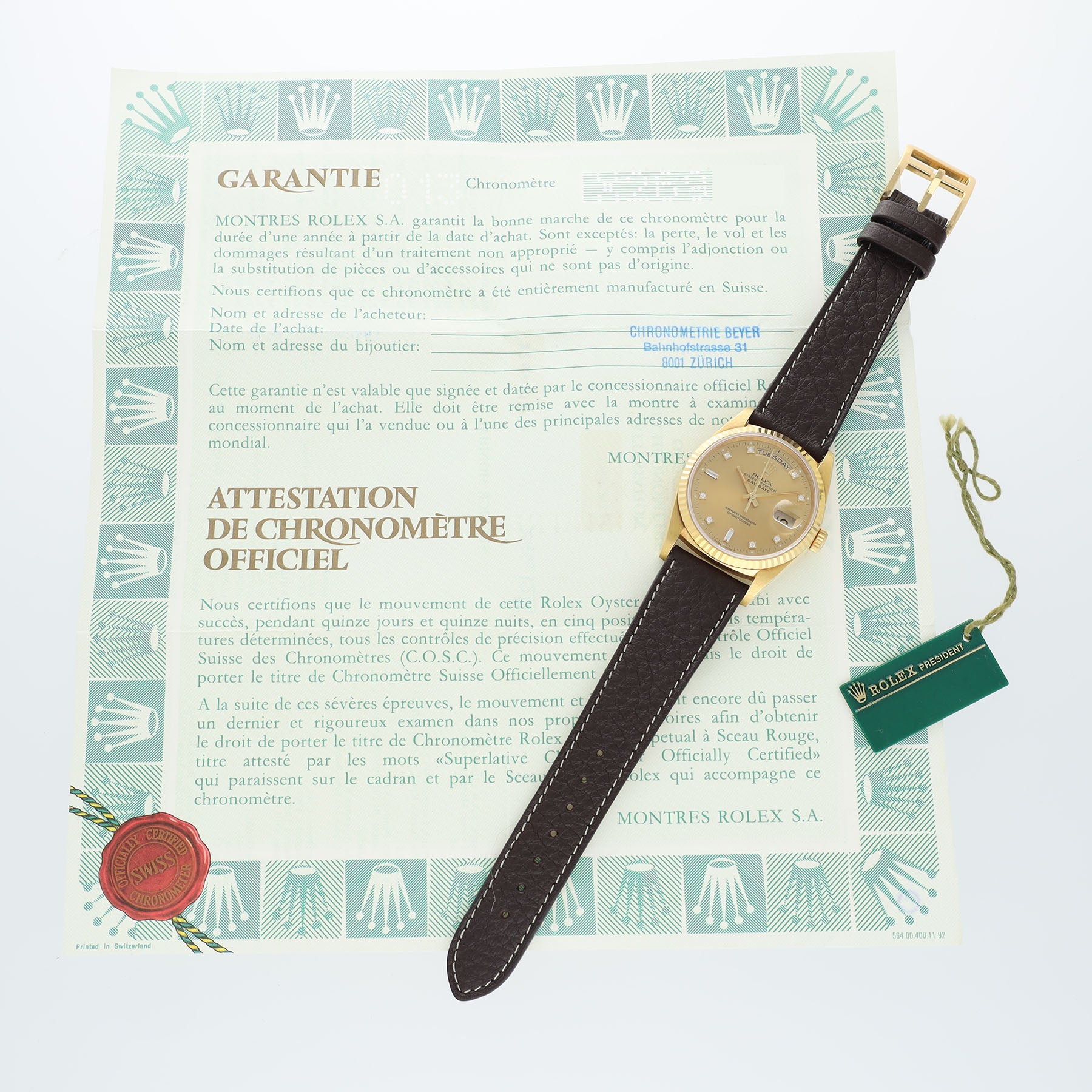 ROLEX DAY-DATE 18238 Diamant Besetztes Zifferblatt mit Papieren