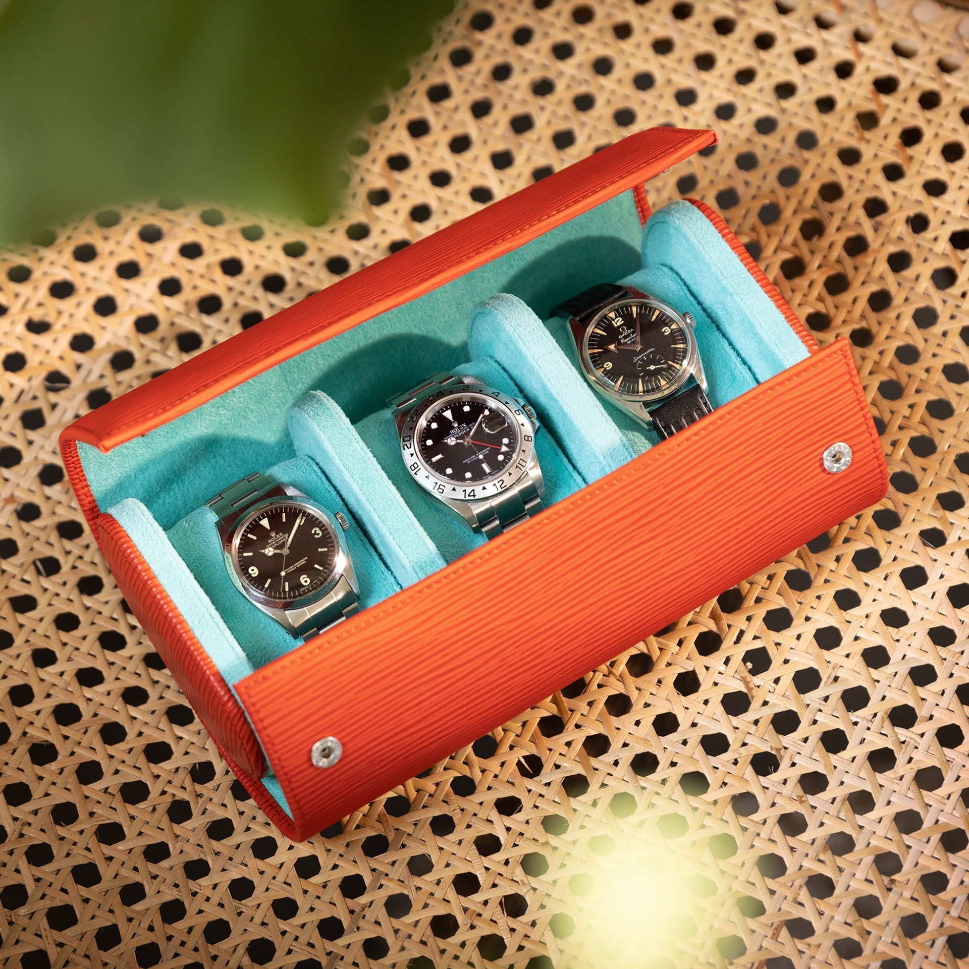 Oval 3 Watch Boarded Orange Leather Watch Box