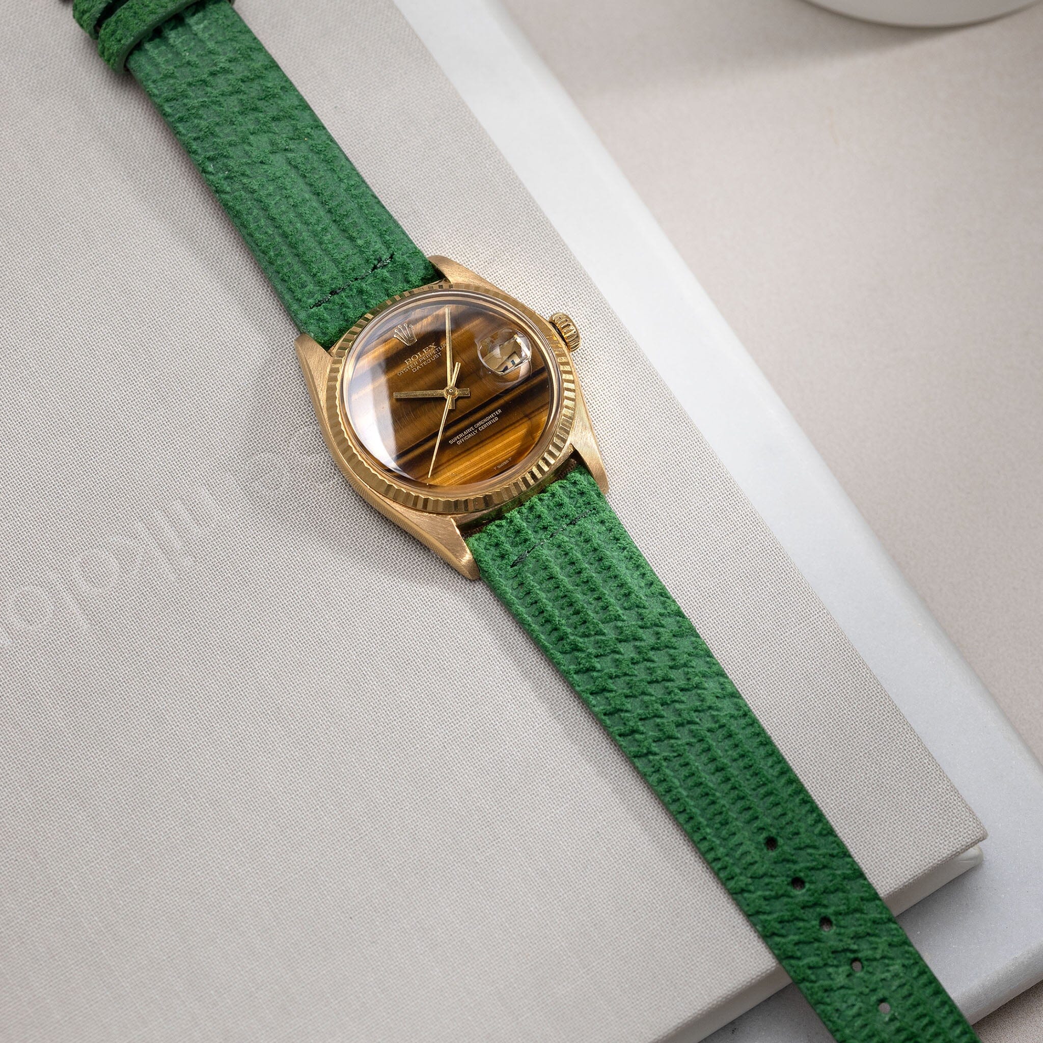Ziggy Green Suede Leather Watch Strap Rolex 1601 Gold Tiger Eye Datejust