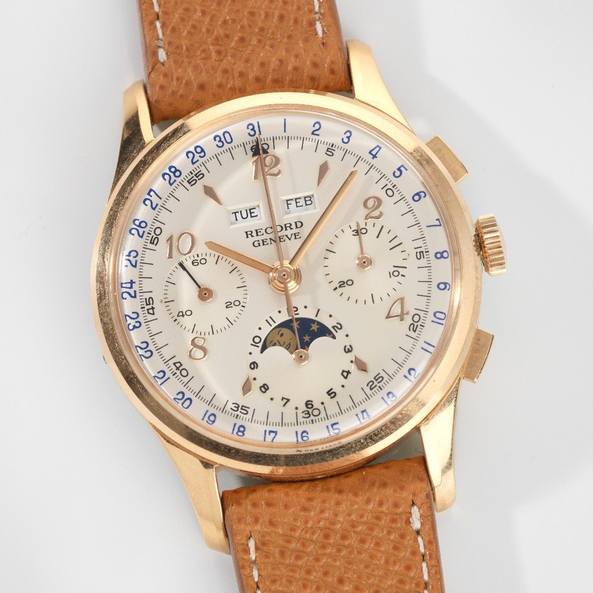 NOS 1950s Record Triple Date Moonphase Gold Chronograph Valjoux 88