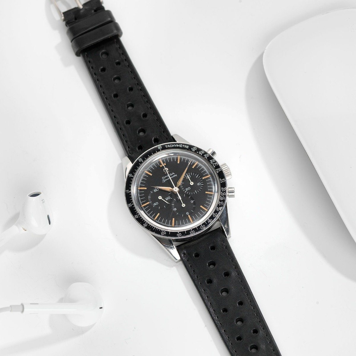 Omega Racing Black Leather Watch Strap